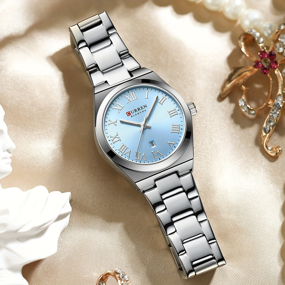 Fashionable Brand Of CURREN Ladies' Watches With A Casual And Simple Stainless Steel Strap, Featuring A Calendar And Quartz Movement.