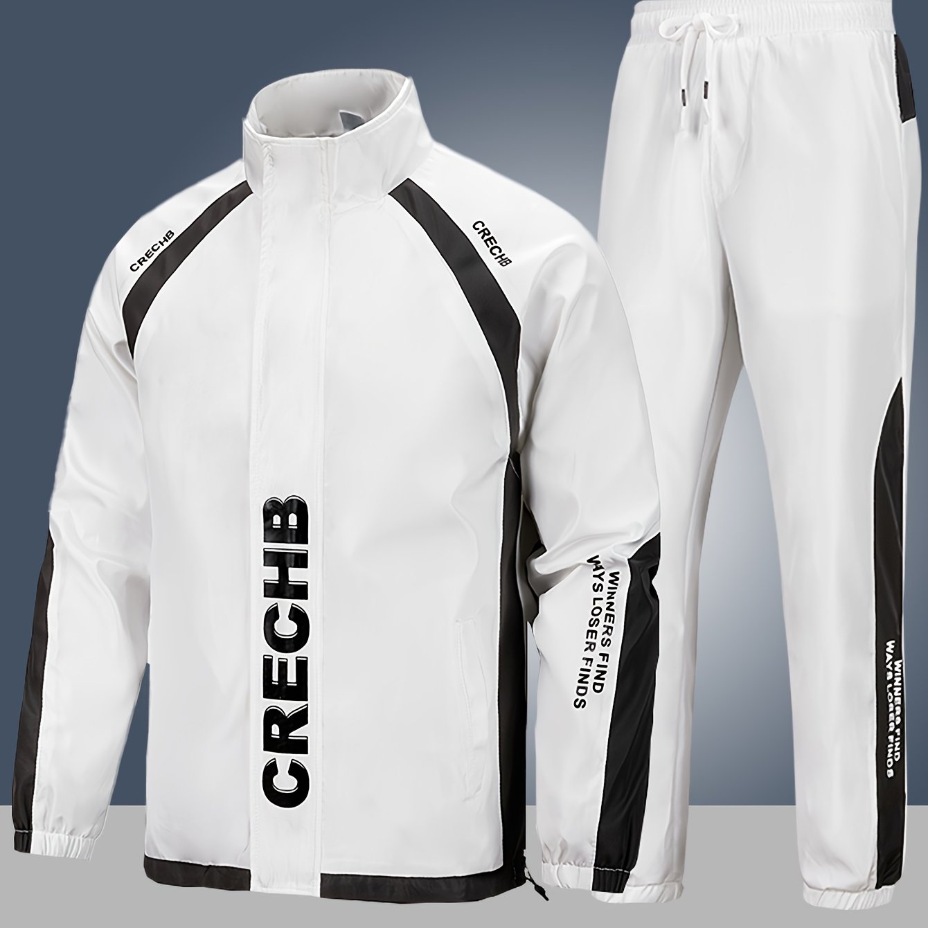 2025 New Casual Sports Set Men'S Spring and Autumn New Trendy Print Jacket, 100% Polyester, Soft Fabric Machine Washable, Casual Sports Loose Running Suit 2pcs Set, For Teenager