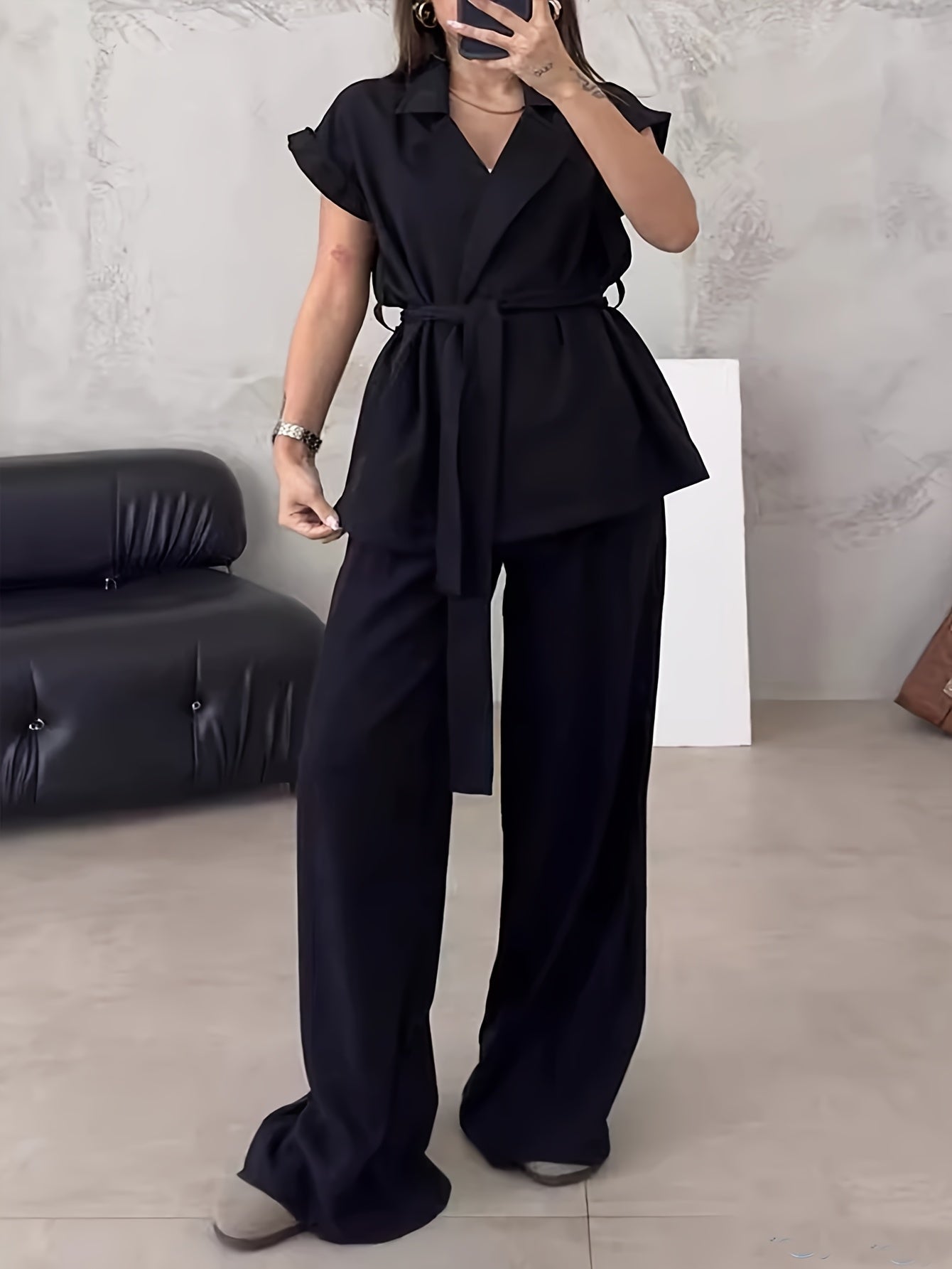 Women's Solid Color Casual Elegant Sleeveless Top and Wide-Leg Pants 2pcs Set