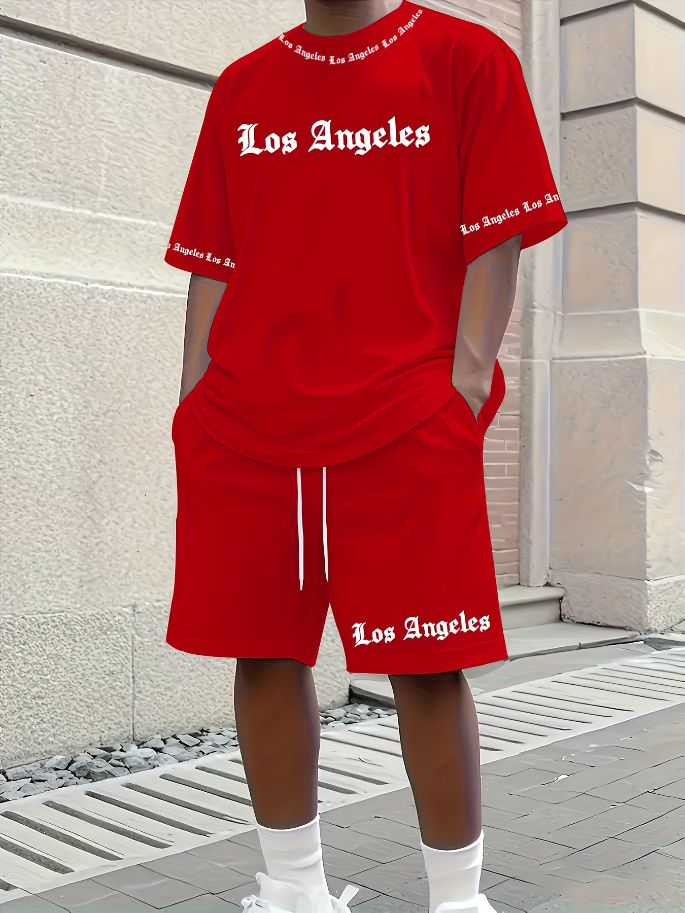 Men'S Los Angeles Graphic Print Casual Sportswear Set - Breathable Summer Short Sleeve T-Shirt & Drawstring Shorts with Pockets, Regular Fit, Crew Neck, Comfortable & Stylish for Casual Attire, Leisure Clothing | Trendy Sport