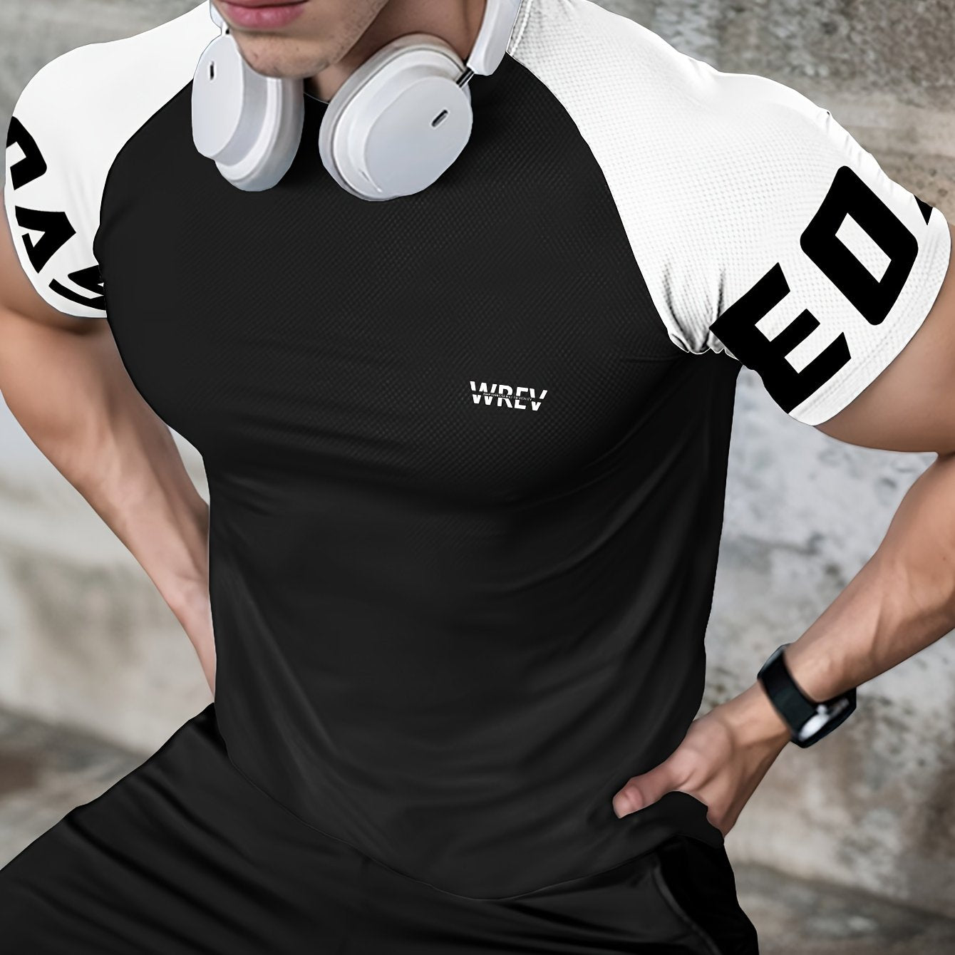 Men's Quick-Dry Breathable Mesh Sports T-Shirt - Summer Gym Workout Top with Contrast Black & White Sleeves & for Man Letter Print, Slim Fit for Running Training Casual Wear, Breathable Running Gear | Sporty Casual Tee | Mesh