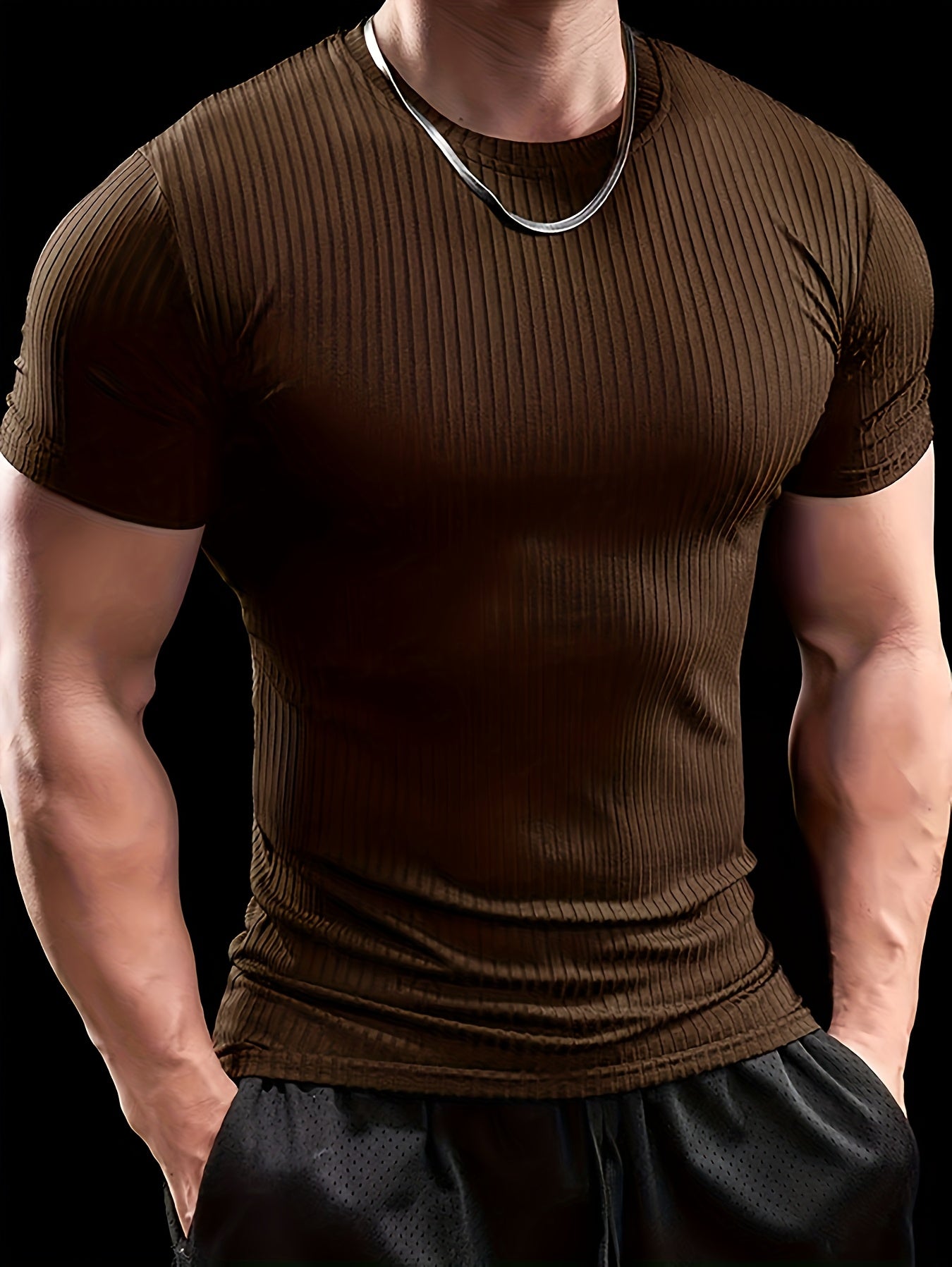Men's Slim Fit Ribbed Short Sleeve T-Shirt - Stretchy Athletic & Casual Wear, Green, Round Neck, Machine Washable, Muscle-Enhancing Design, Gym Shirts