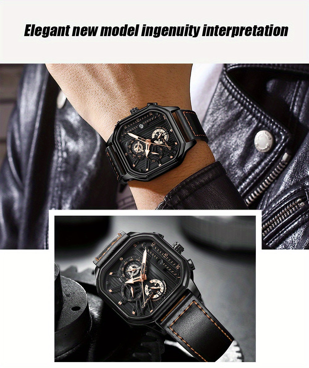 CRRJU Men's Sporty Chronograph Watch with Rose Golden Accents, Quartz Movement, IPX8 High Quality, Black Dial & Brown Faux Leather Strap - Durable Casual & Formal Timepiece