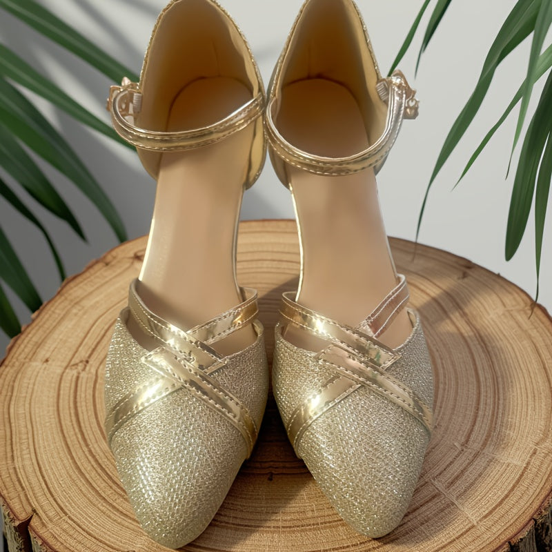 Spring and Summer Fashionable Women's High Heels, Comfortable Thick-Heeled Buckle Sandals, Golden and Silvery Wedding Party High Heels