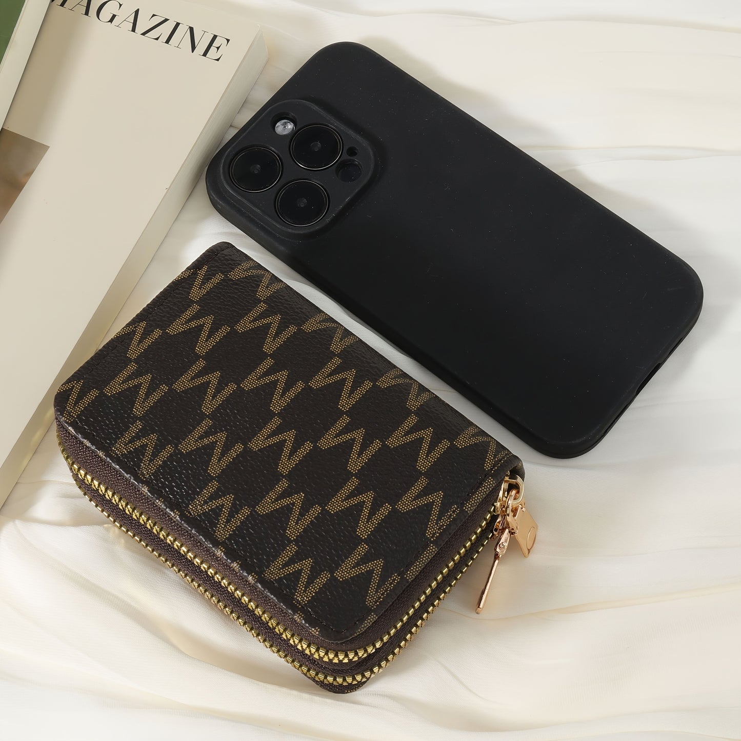 New Retro Printed Women's Minimalist Short Wallet With Double Zippers Around, Fashionable Coin Wallet, Credit Card Storage Bag, Simple And Casual Multi Card Holder