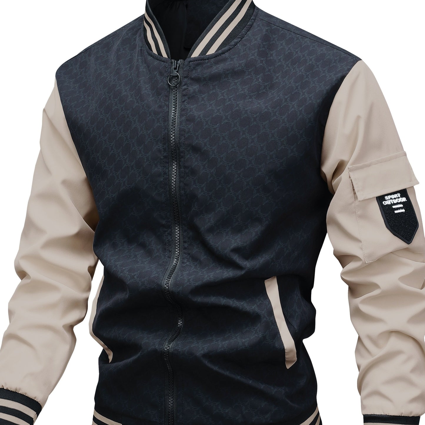 Men'S Lightweight Geometric Pattern Bomber Jacket - Casual Long Sleeve Zip-Up with Pockets, White & Gray, Polyester Lining, Perfect for Fall, Autumn Jacket