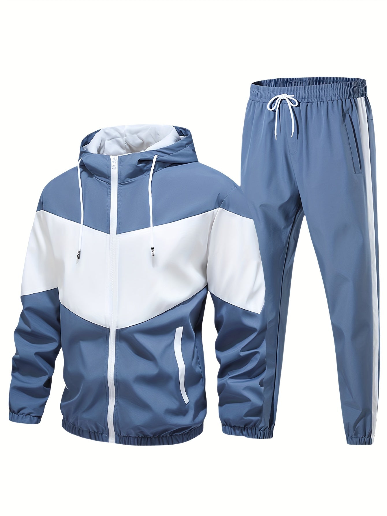 Men's Casual 2-Piece Outfit, Stylish Color Block Zip Up Hooded Jacket, Breathable Solid Color Drawstring Pants