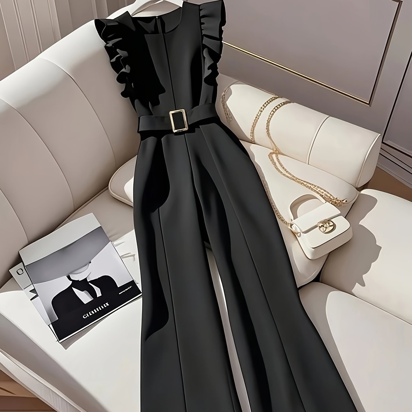Women'S Sleeveless Ruffle Trim Jumpsuit with Belt - Elegant Waist-Cinching Wide-Leg Design, Black Solid Color for Autumn Commute & Casual Gatherings, Versatile Layering Piece, Autumn Attire, Sophisticated Style, Quality Craft