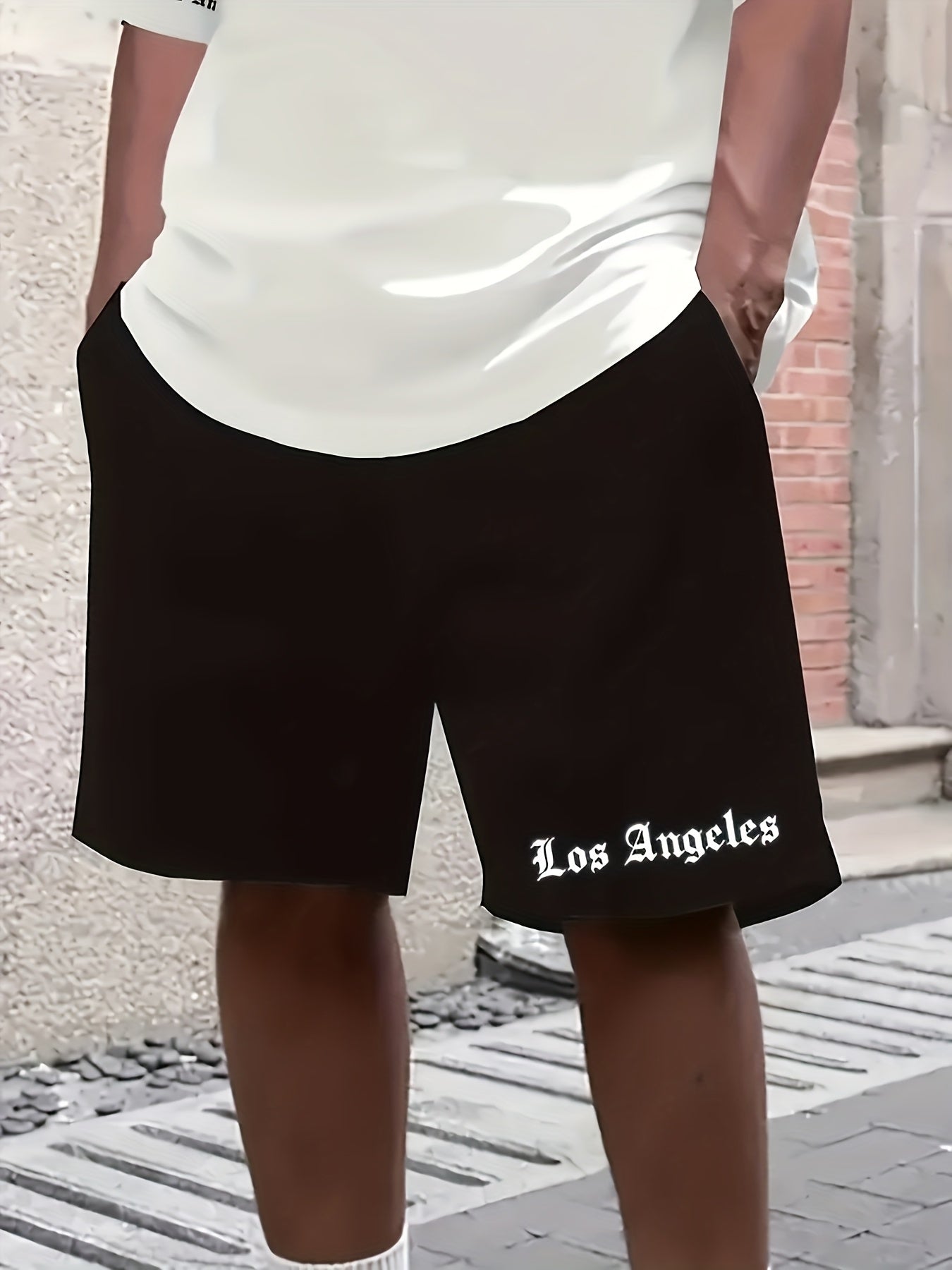 Men'S Los Angeles Graphic Print Casual Sportswear Set - Breathable Summer Short Sleeve T-Shirt & Drawstring Shorts with Pockets, Regular Fit, Crew Neck, Comfortable & Stylish for Casual Attire, Leisure Clothing | Trendy Sport