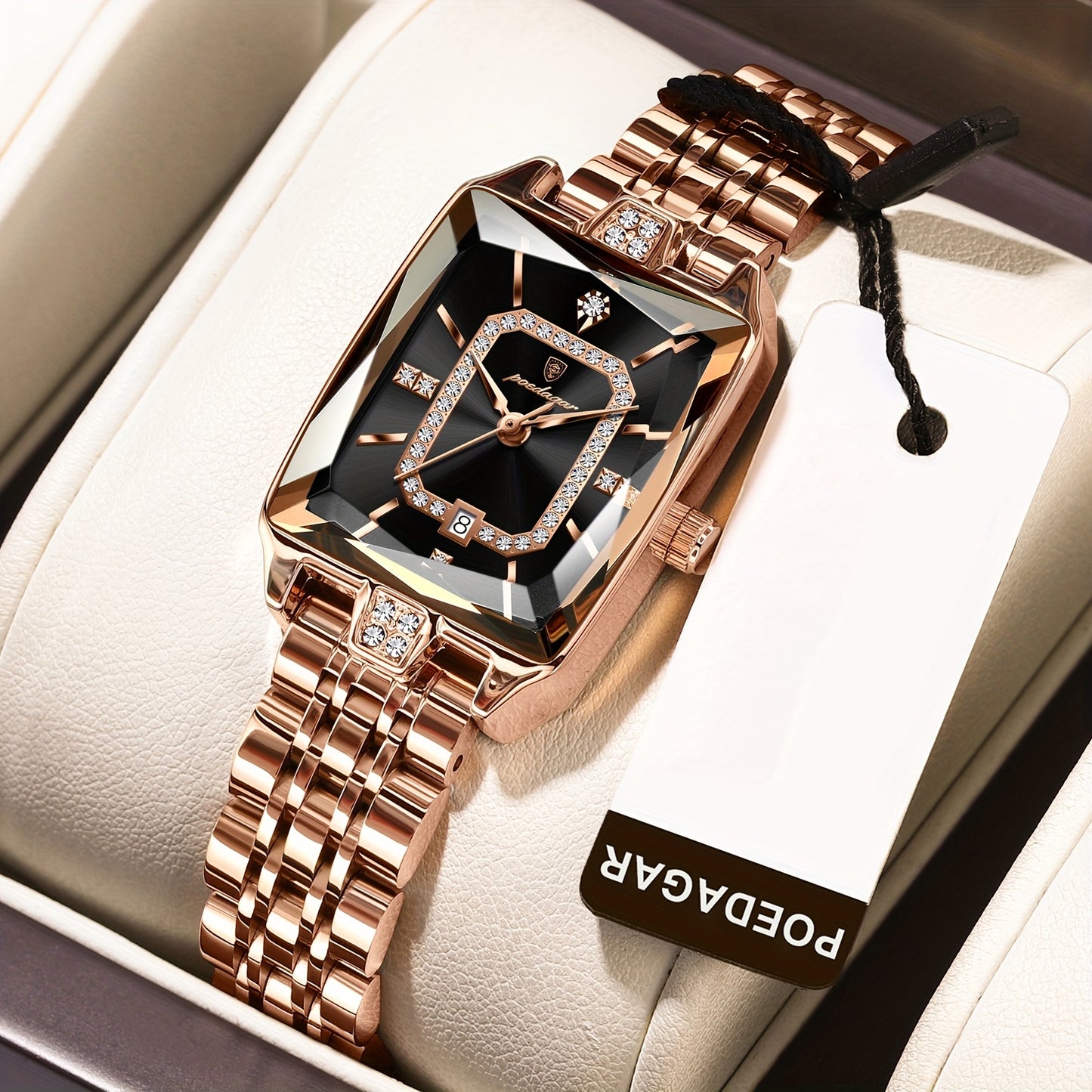 POEDAGAR Elegant Women's Quartz Watch - Rose Golden Stainless Steel, (3ATM), Square Dial with Gemstone Accents, Date Display, Luxury Fashion Accessory for Casual or Formal Occasions