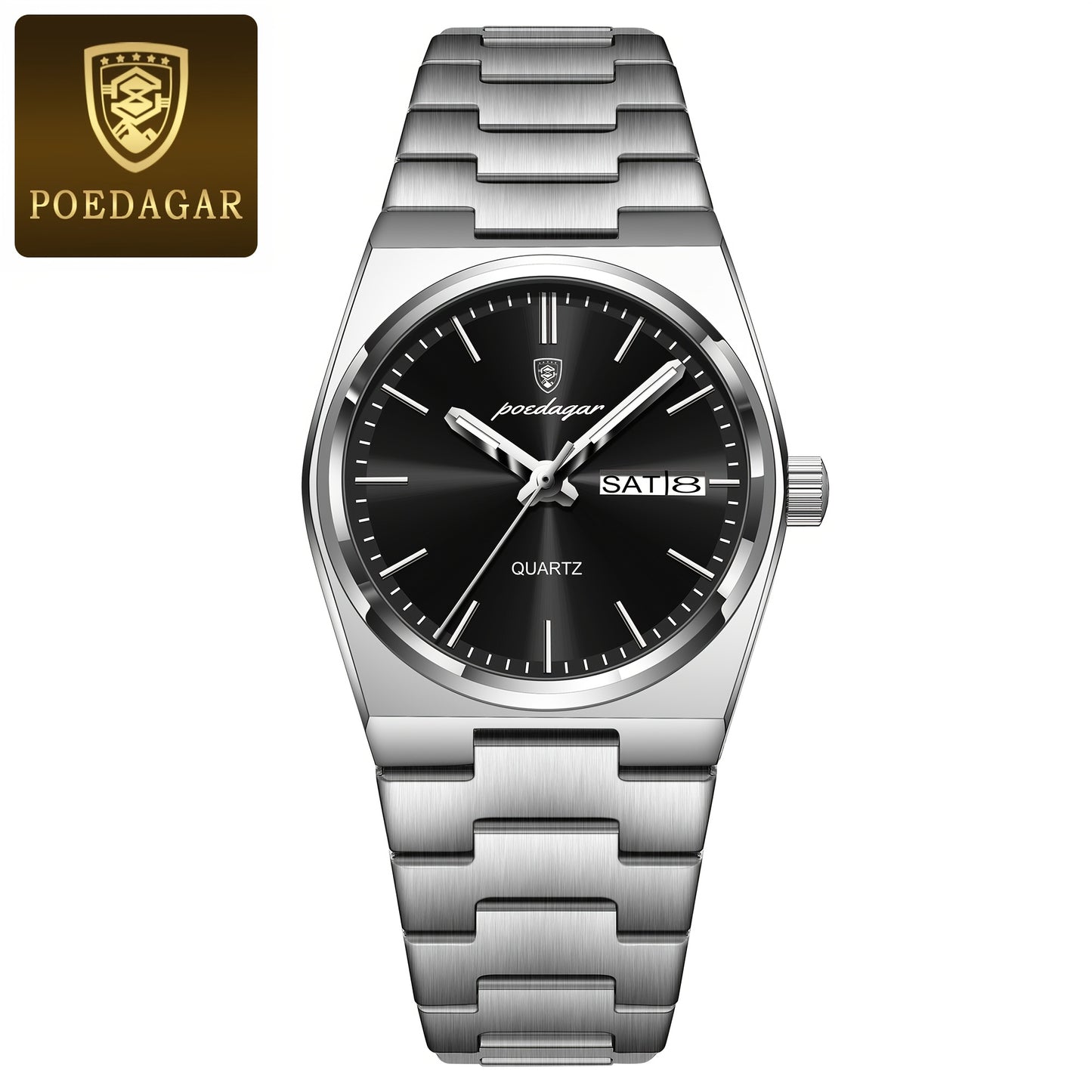 POEDAGAR Women's Elegant Green Luminous Calendar Watch - Waterproof Stainless Steel Ultra-Thin Quartz Wristwatch with Minimalist Design for Casual & Formal Wear, Casual Attire, Korean Fashion, Sleek Metallic Strap