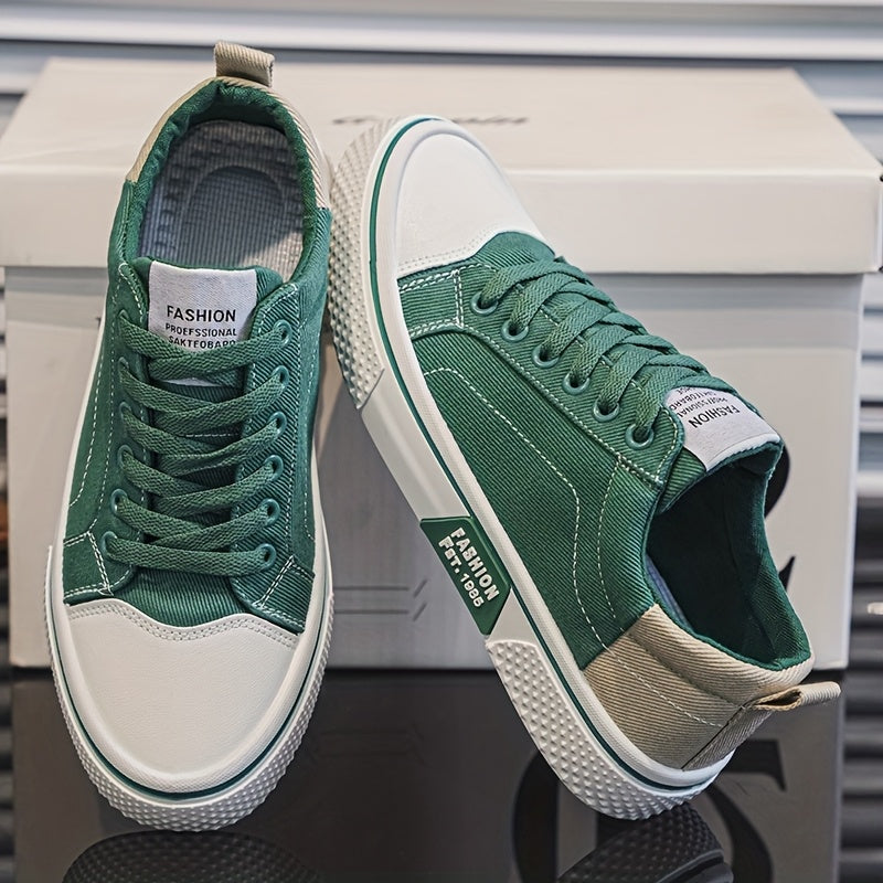 Men's Breathable Canvas Sneakers - Low-Top Lace-Up Skate Shoes, Fashionable Casual & Sporty Design with Green & Beige Color Block, Non-Slip PVC Sole for Casual Attire, Outdoor Sneakers | Laceup Closure | Stylish Lowtops
