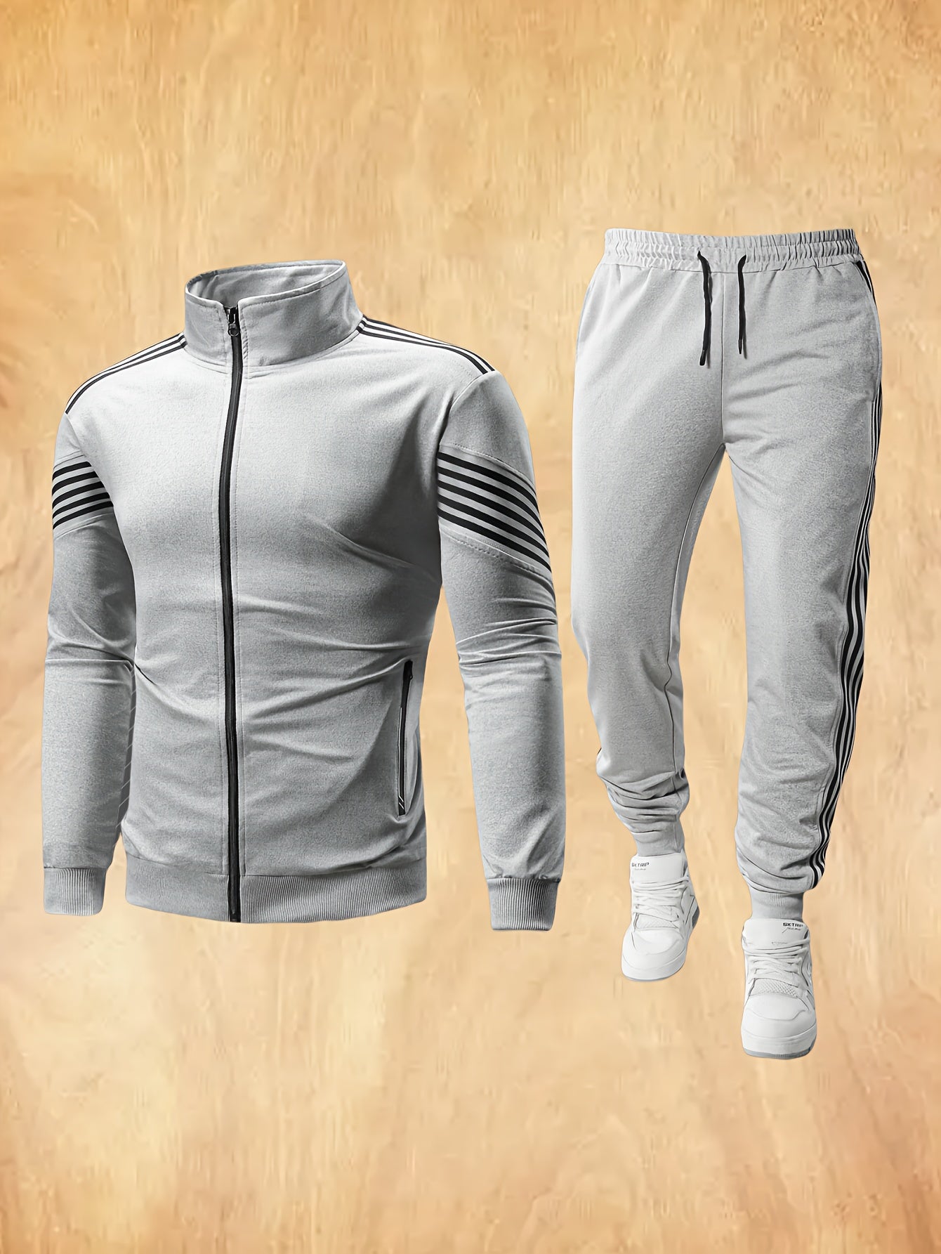 Men'S Spring And Autumn Sports Leisure Set Featuring a Stand-Up Collar Zip-Up Long Sleeve Top, Drawstring Waist Long Pants, Suitable for Running, Outdoor Fitness, And Home Wear, with Pockets And Zippers.