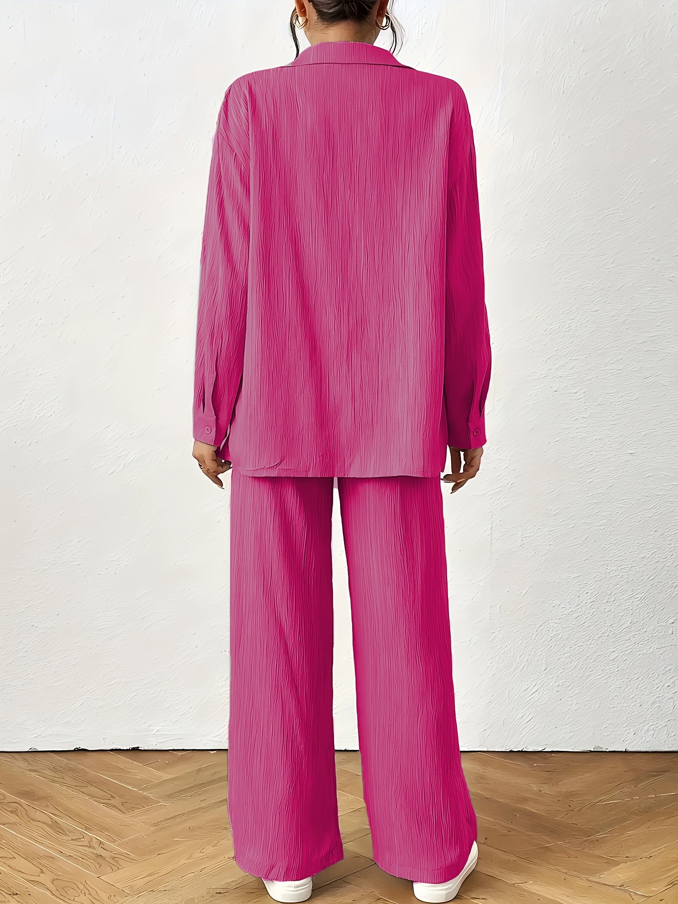 Women'S Casual Solid Color Long Sleeve Shirt + Long Pants 2pcs Set for Spring And Autumn.