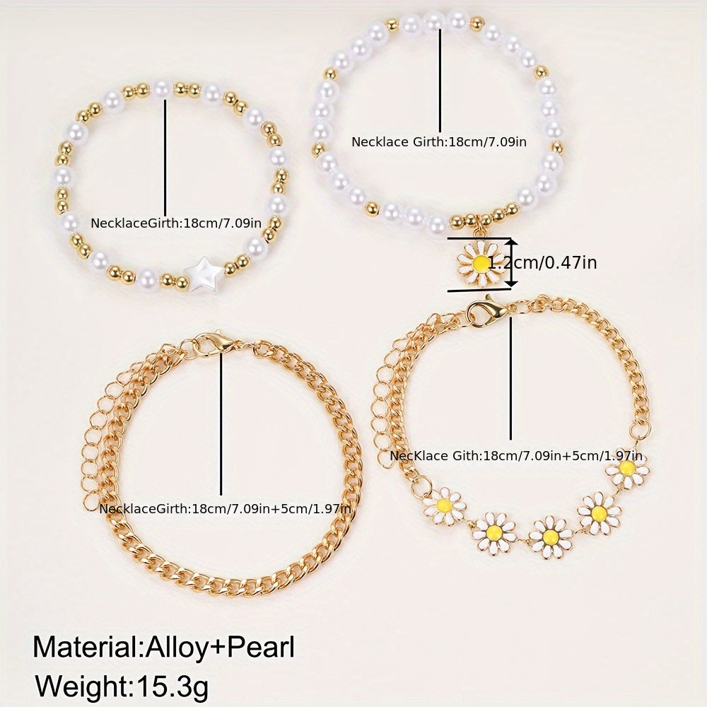 4pcss Summer New Casual Party Small Golden Bead Pearl Bracelet Set, 4pcss Bohemian Beach Daisy Bracelet for Women, Perfect for Gifting.