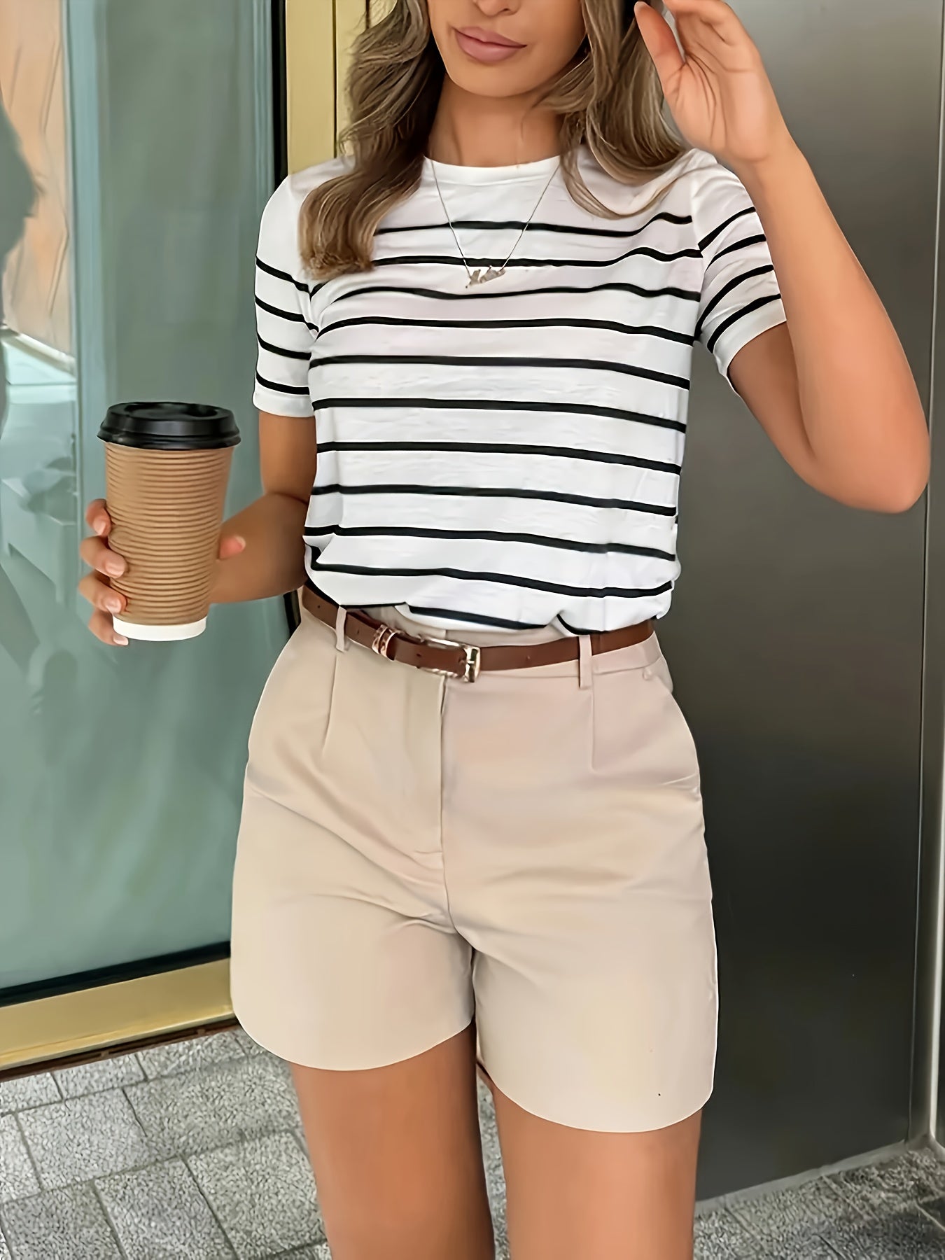 Women'S Y2K Green & White Striped T-Shirt - Casual, Versatile Top for Spring/Summer, Short Sleeve, Round Neck, Casual Attire | Casual Style | Glossy Finish