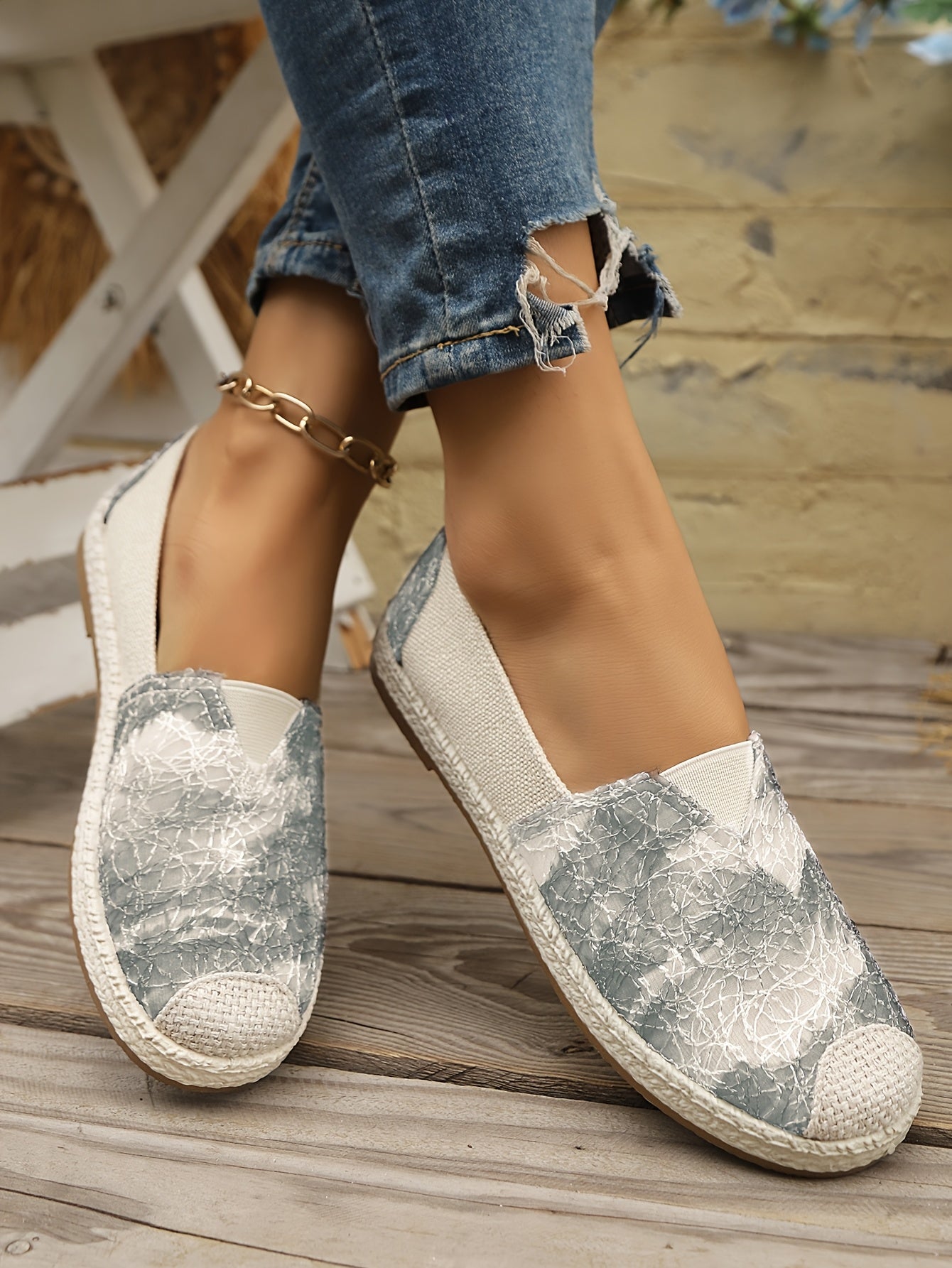 Women's Breathable Slip-On Loafers - Soft Sole Casual Walking Shoes, Lightweight & Comfortable, Beige Floral Pattern Fabric Upper, PU Cover Sole, Perfect for Casual Attire, Allseason Loafers | Slipon Comfort | Soft Sole Shoes