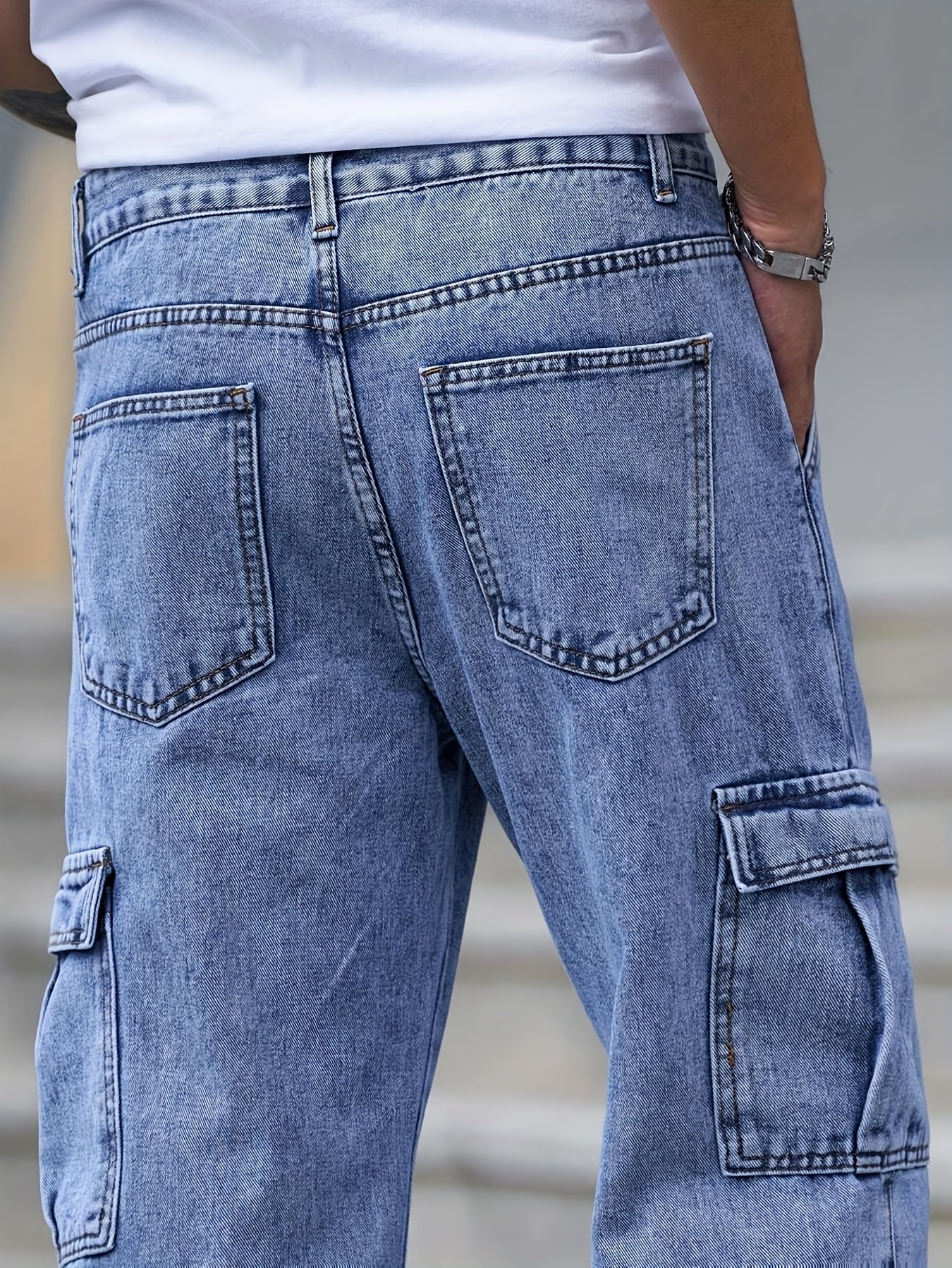 Men's Multi-Pocket Cargo Jeans - Casual Loose Fit Denim with Flap Pockets, Durable Cotton Blend, Ideal for All Seasons, Casual Wear Pants | Classic Blue Jeans | Cotton Blend Jeans
