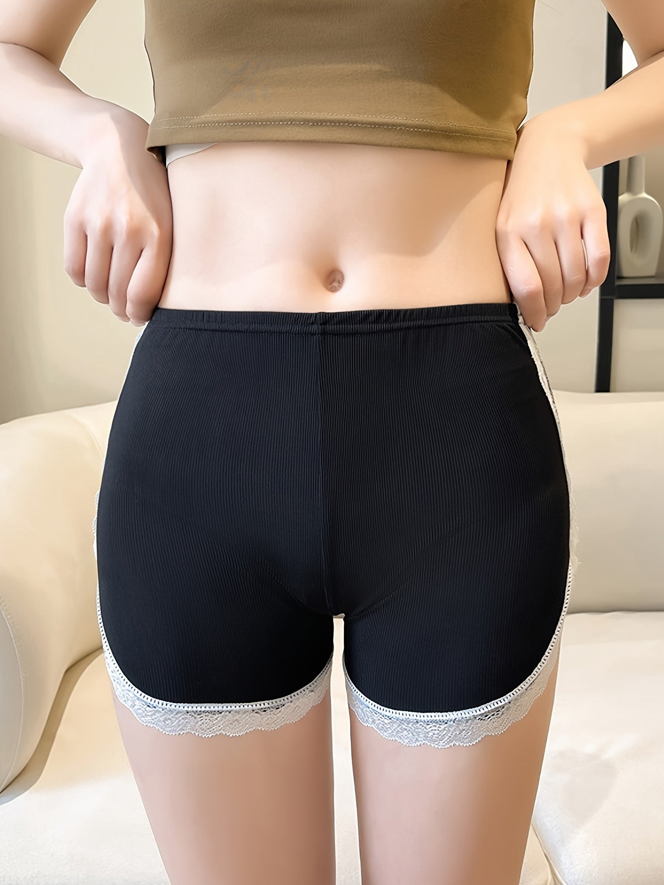 Women's High-Elasticity Safety Shorts - Breathable, Seamless, No-Show with Lace Trim, Black and White, Stretchy Fabric, Ideal for Summer Casual Wear, High Waisted Shorts