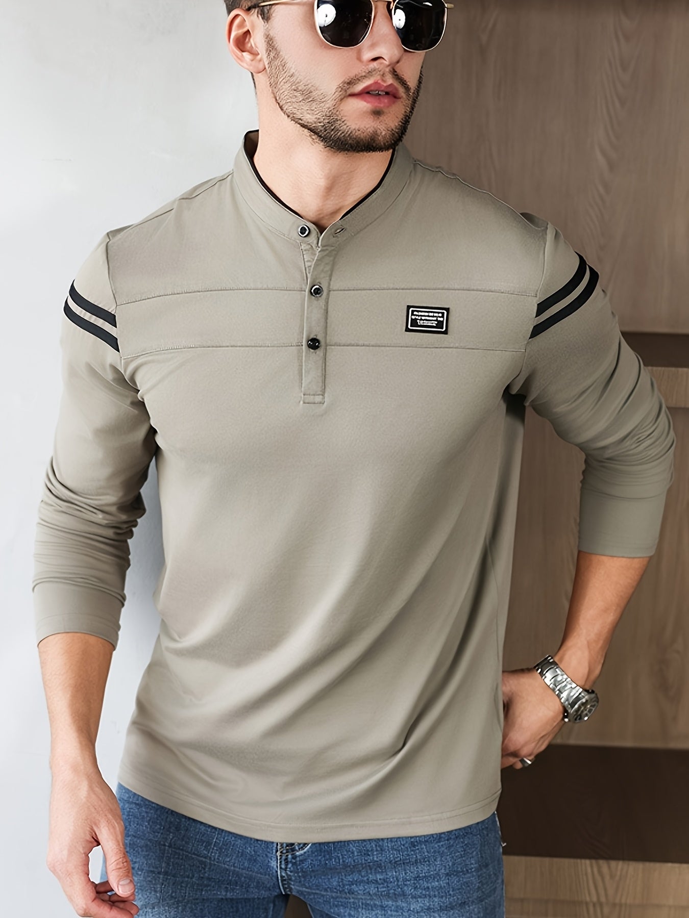 Men'S Casual Long Sleeve T-Shirt - Solid Color with Stand Collar & Stripe Polo, Button-Up Front, Ideal for Outdoor Activities