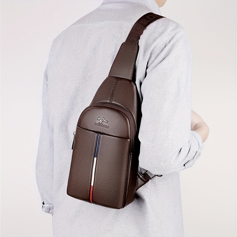 DARWNORO Men's Stylish PU Leather Sling Bag - Casual Shoulder & Crossbody Bag with Zipper Closure, Brown with White & Red Accents, Perfect for Daily Commute, Motorcycle Inspired Design, PU Leather Crossbody Bag