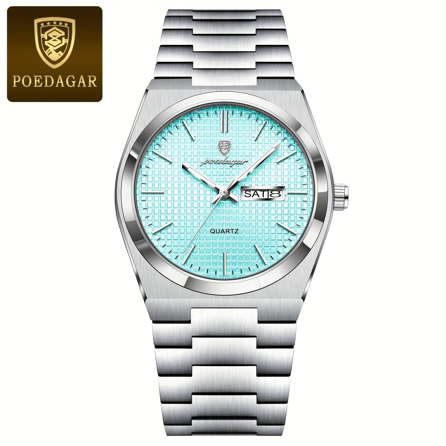 POEDAGAR Elegant Women'S Quartz Watch, Luminous Calendar, Stainless Steel Band, Round Alloy Case, Fashionable Night-Glowing Dial with Blue & Orange Accents