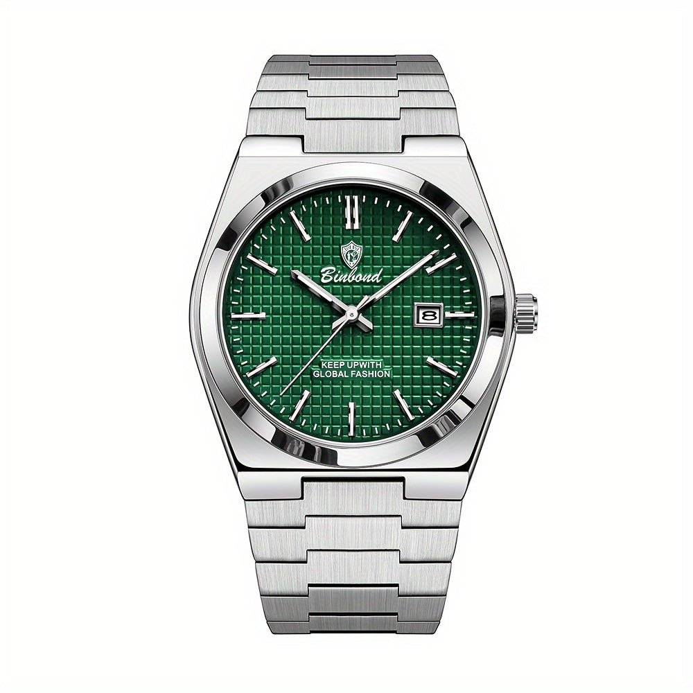 BINBOND Men's Elegant Quartz Watch, Blue/Green Checkered Dial, Glow-in-the-Dark Hands, Durable Steel Band, Waterproof, Date Display, Casual Style, Perfect for Daily Wear and Gift