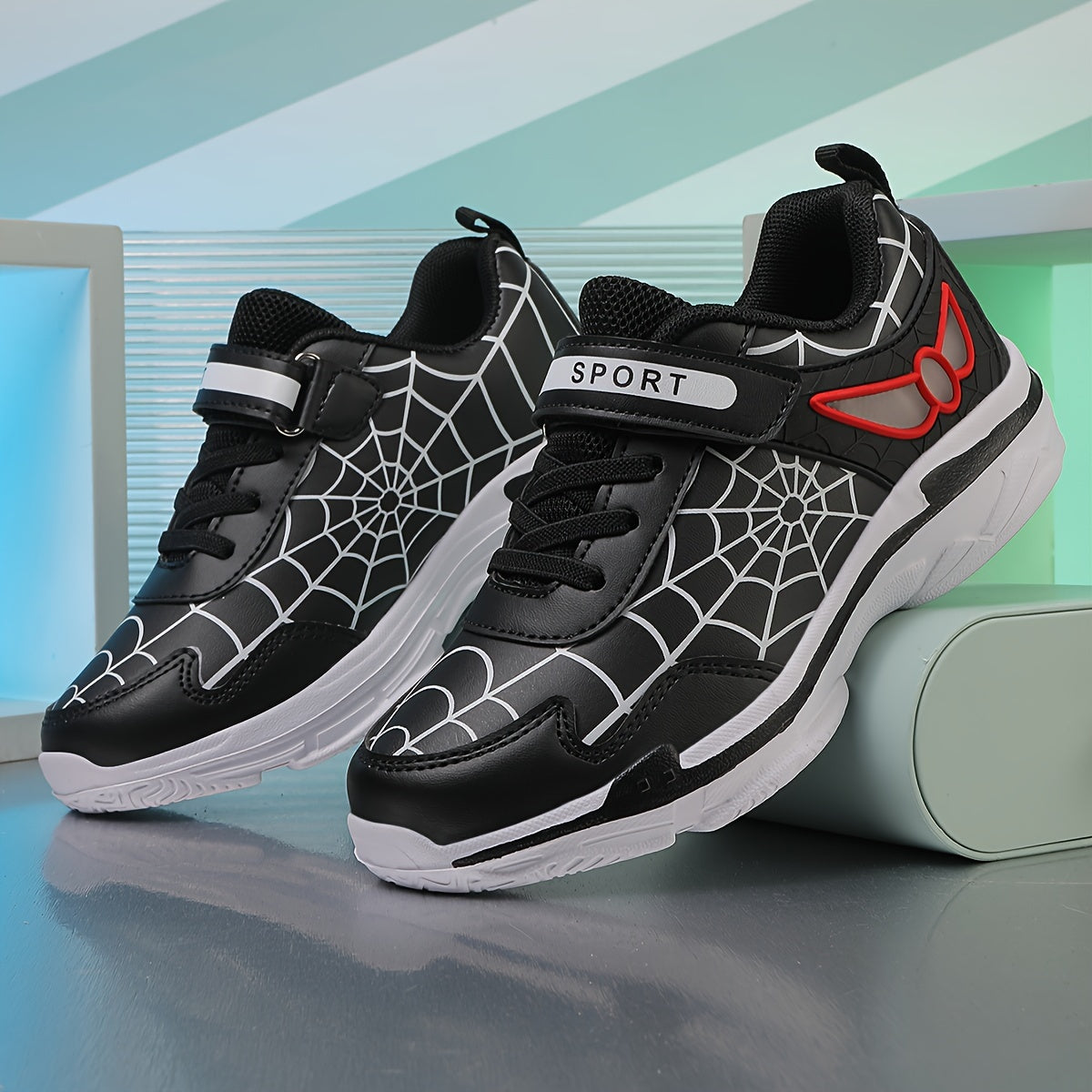 Kids Fashion Sneakers Breathable Lightweight Sport Casual Shoes with Cartoon Spider Web Design, Closure, Low Top PU and Fabric for Boys and Girls – Versatile All-Season Footwear for Outdoor Activities