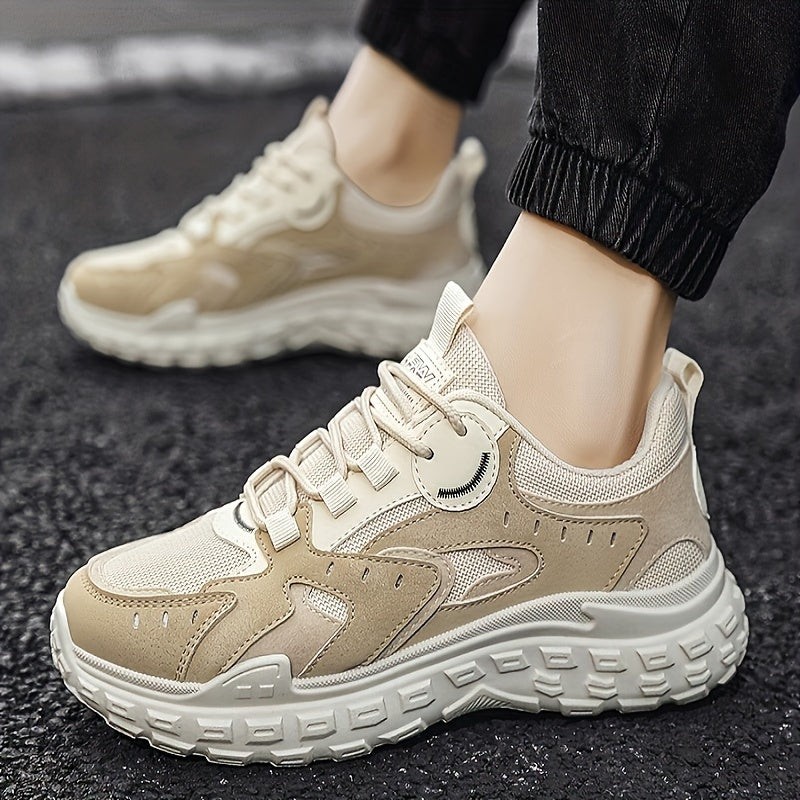 Men's Trendy Chunky Sneakers - Breathable Mesh & PU Upper, Durable PVC Sole, Lace-Up Casual Sneakers in Gray, Black & Orange, All-Season Comfort for Casual Attire