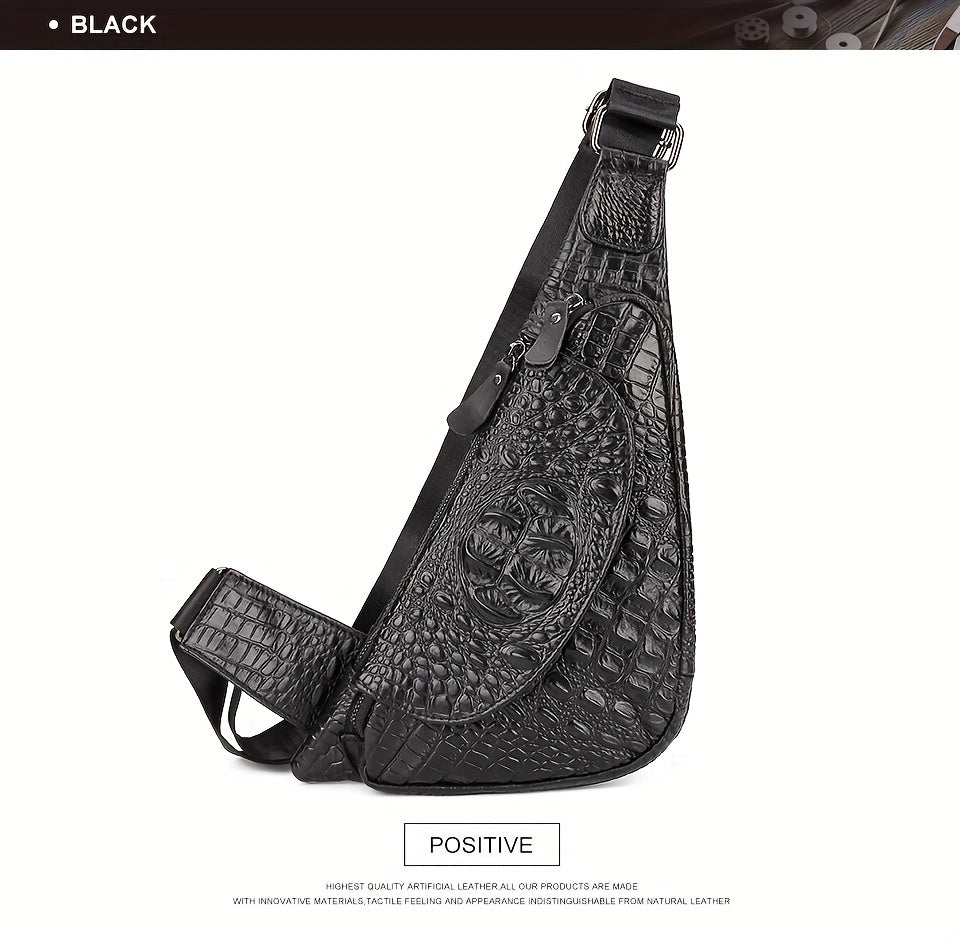 HUMERPAUL Men'S Casual Brown Leather Crossbody Bag with Alligator Print - Adjustable Strap, Multi-Compartment, Everyday Commute Shoulder Bag, Everyday Bag | Casual Style Bag | Adjustable Strap Bag