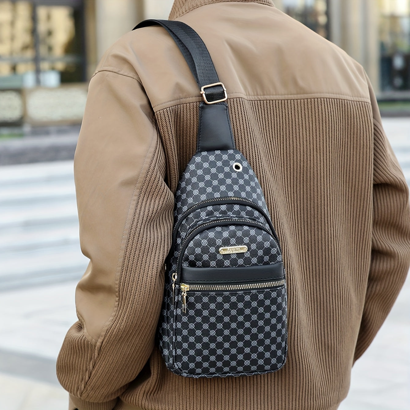 Men's Stylish Geometric Print Sling Bag - Black & White Crossbody Chest Pack with Golden-Tone Zippers, Compact Travel & Everyday Commute Backpack, Modern Accessory | Textured Finish, Crossbody Bag