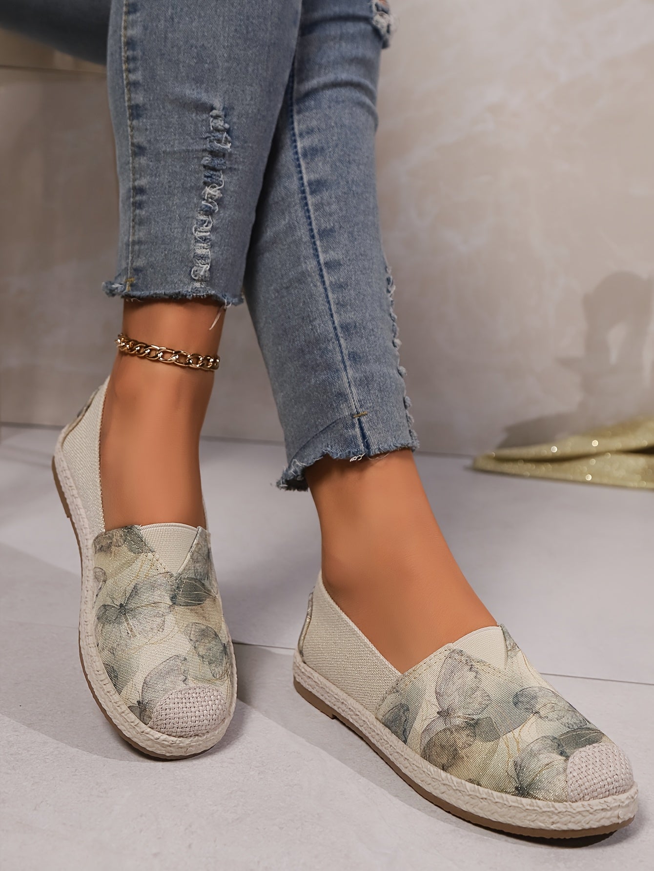 Women's Breathable Slip-On Loafers - Soft Sole Casual Walking Shoes, Lightweight & Comfortable, Beige Floral Pattern Fabric Upper, PU Cover Sole, Perfect for Casual Attire, Allseason Loafers | Slipon Comfort | Soft Sole Shoes