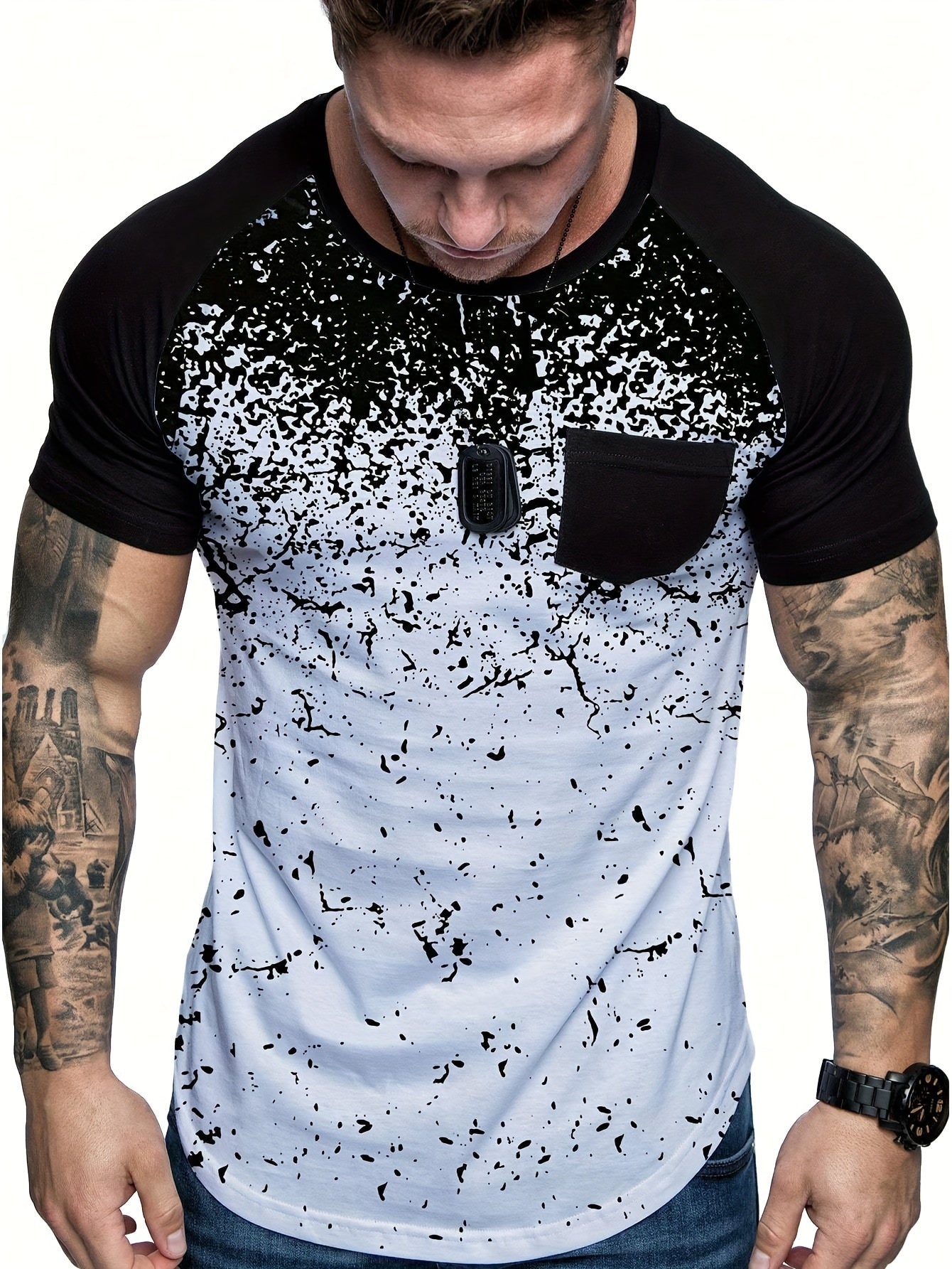 Chic Printed T-shirt, Men's Casual Street Style Stretch Round Neck Tee Shirt For Summer