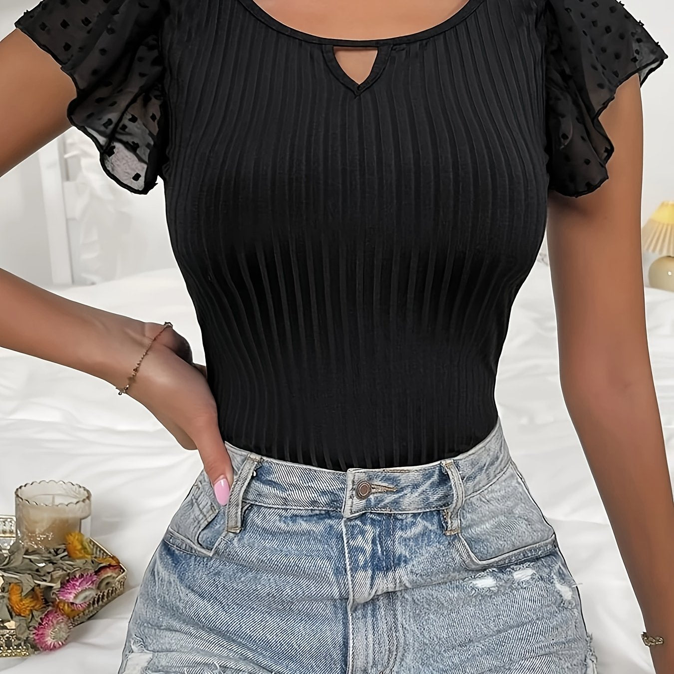 Women's V-Neck Lace Sleeve Top - Middle Eastern-Inspired Breathable Stretchy T-Shirt, Solid Blue Machine Washable Spring/Summer Casual & Formal Wear, Summer Outfit, Feminine Style, Comfortable Fit, Stylish Blouse, Summer Ward