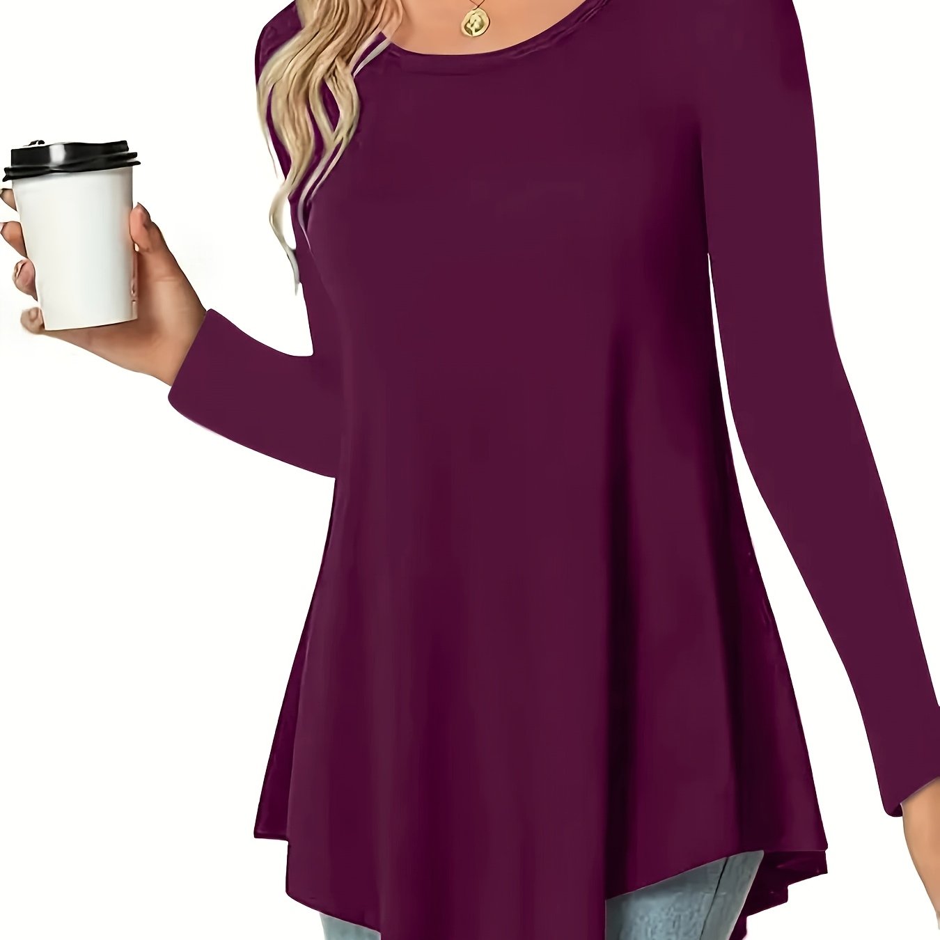 Women's Casual Long Sleeve Tunic Top, Polyester 95% Spandex 5% Knit Fabric, Solid Color Crew Neck Blouse for Spring/Summer/Fall, Spring Summer Blouse|Tunic Style|Solid Color Top