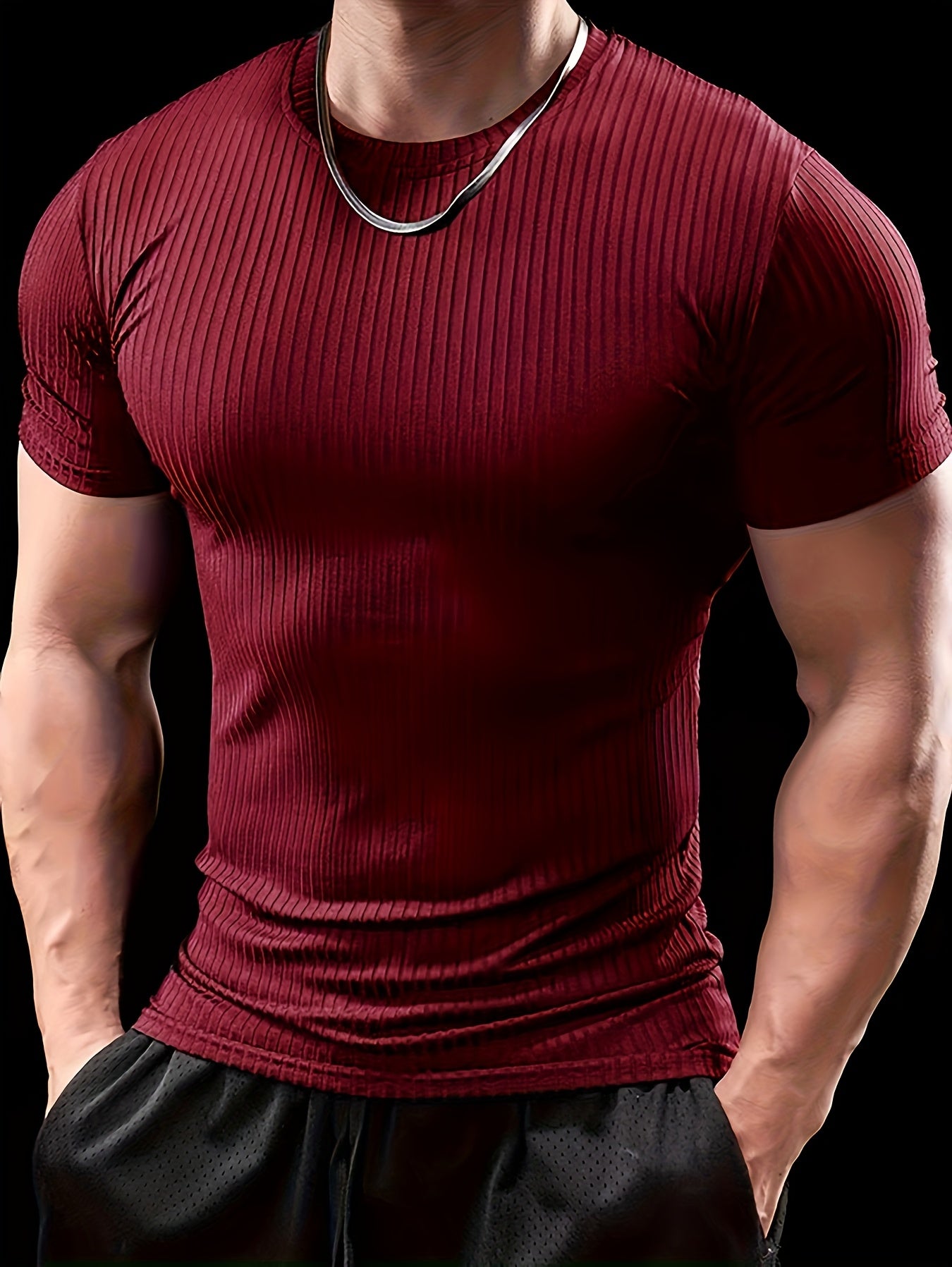 Men's Slim Fit Ribbed Short Sleeve T-Shirt - Stretchy Athletic & Casual Wear, Green, Round Neck, Machine Washable, Muscle-Enhancing Design, Gym Shirts