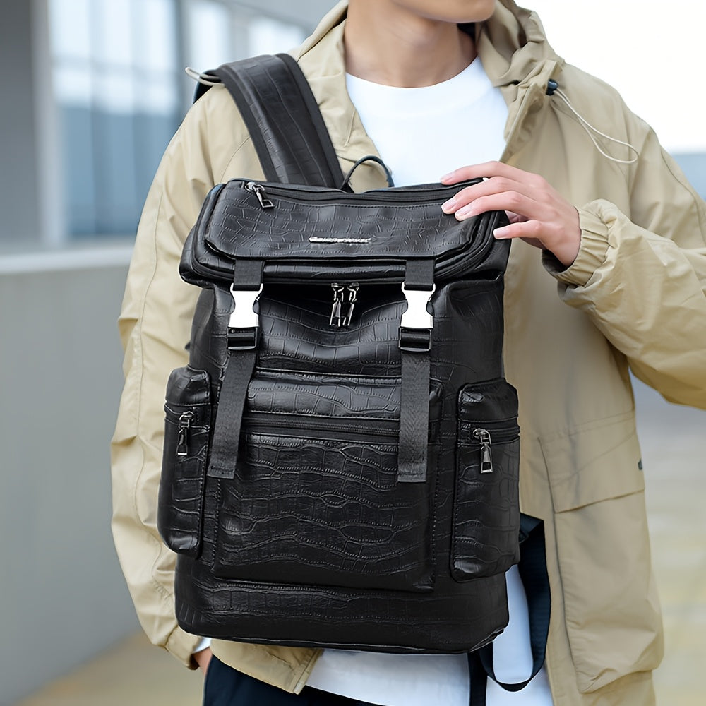 Unisex Backpack with Crocodile Texture, Large Capacity, Anti-Theft, Multi-Compartment, Fits 14-inch Laptop, Casual Travel & Business Commute, Minimalist Style, No Battery - Black