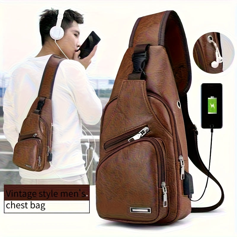 2025 New Men'S Fashion Chest Bag - Soft Faux Leather Anti-Theft Crossbody Bag with Multiple Compartments, Adjustable Strap & Zipper Closure for Gym, Travel, Casual Outings (Brown), Secure Travel Pouch, Textured Finish