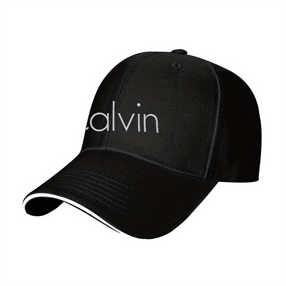 Men's Sporty Breathable Polyester Baseball Cap with Modern Metallic Calvin Text Pattern - Black & White Contrast Design for Fitness, Running, Couples Matching Hats, Fitness Accessory, Sleek Sporty Style, Comfortable Headwear