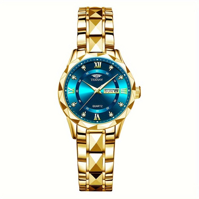 1pc Women's Stainless Steel Watch with Luminous Blue Dial, Date & Day Display, High Quality IPX7, Quartz Movement - Casual Elegant Design for Sports & Travel, Birthday Holiday Gift, Casual Attire, Secure Clasp Wristwatch