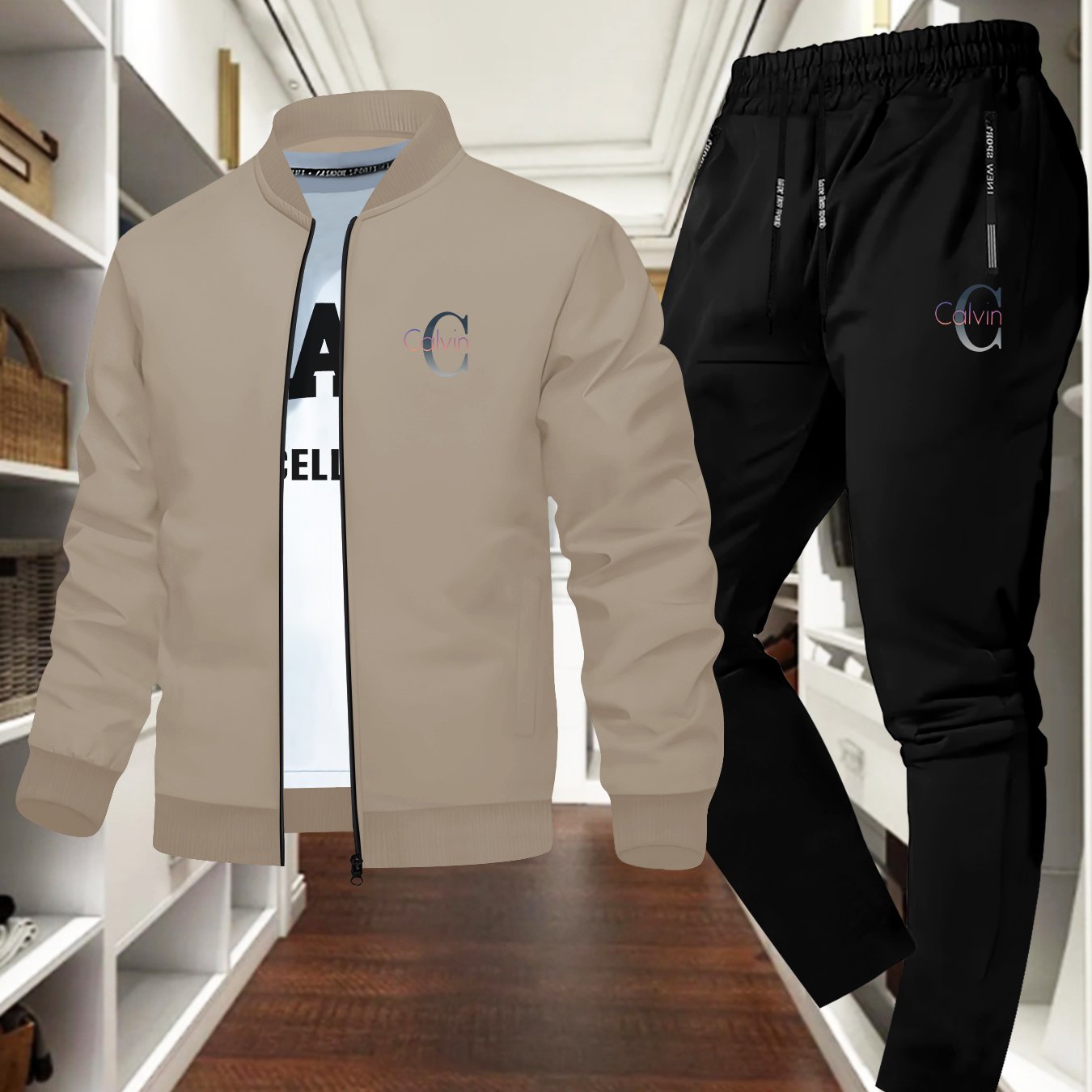 Men's New Fresh and Stylish "Calvin" Print Jacket Set, Autumn-Winter Sporty Comfortable Trendy Versatile Two-Piece Outfit
