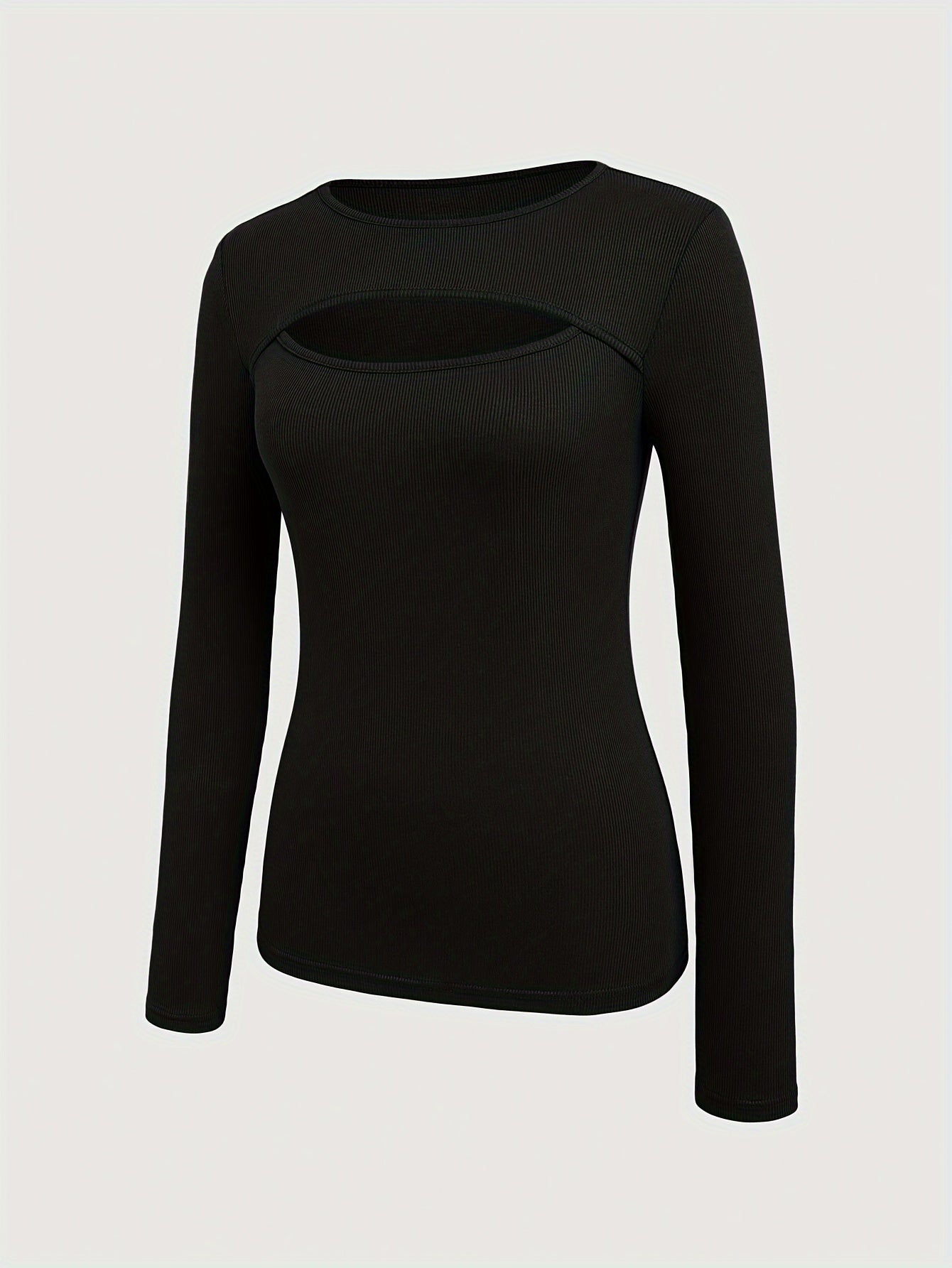 1pc Essence Women'S Elegant Ribbed Long Sleeve T-Shirt, Polyester and Spandex Blend, Hollow-Out Detail, Solid Color, Crew Neck, Regular Length, Knitted Fabric - Autumn/Winter Collection