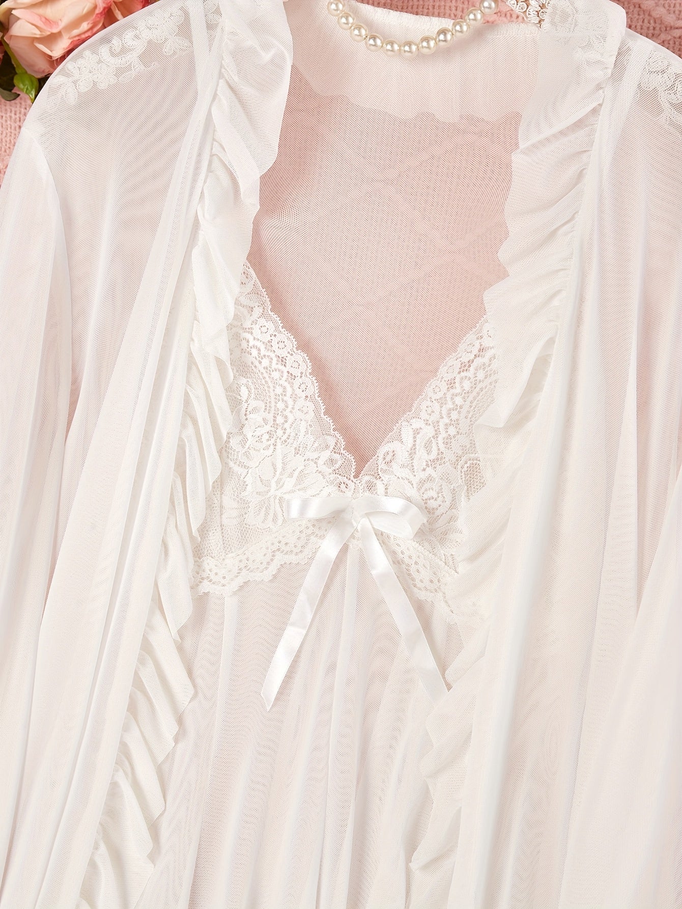 Sexy Mesh Semi-Sheer Strap+Cute Ruffle Long Sleeve Lightweight Mesh Outerwear Pajama Set
