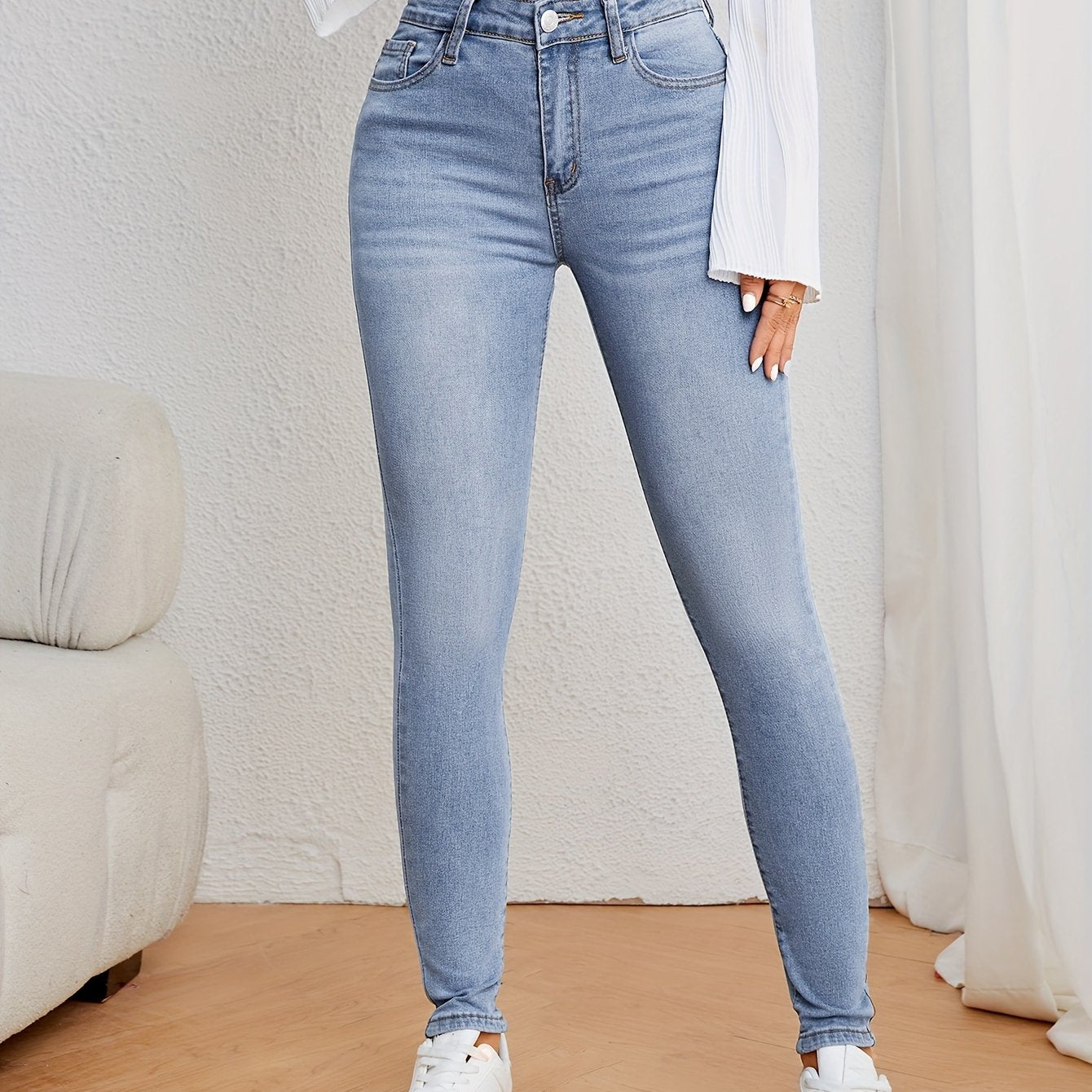 Women's Casual Plain Light Blue Skinny Jeans, Stretchy Denim Pants, Classic Design, High Waist Slim Fit For Everyday Fashion - Perfect For Fall & Winter