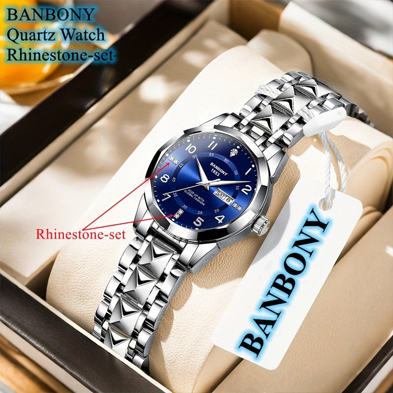 Banbony Women'S Quartz Watch - Luxury IPX7 Waterproof Stainless Steel Strap, Luminous Display, Rhinestone Accents, Date & Night Light, Minimalist Black Dial, Perfect Gift for Women, Casual Timepiece, Elegant Timepiece, Highqu
