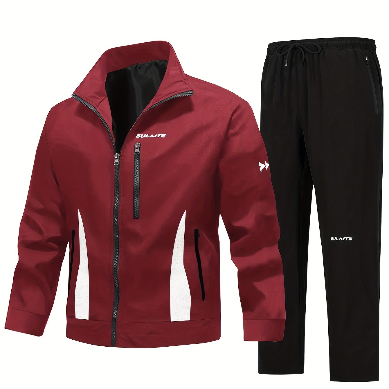 Men'S Casual Sportswear Set - Black Jacket with Zipper Pockets & White Accents, Matching Pants, Perfect for Spring & Fall, Sportswear Outfit|Zippered Jacket|Functional Pockets