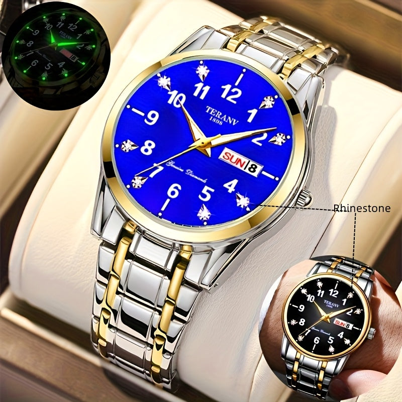 Two Stylish Digital Round Dial Couple'S Quartz Watches - IPX7 Waterproof, Luminous, Dual Calendar, Date and Day/Week Display, Alloy Strap Business Watches, Suitable for Women and Men, Valentine'S Day Gift Wristwatches