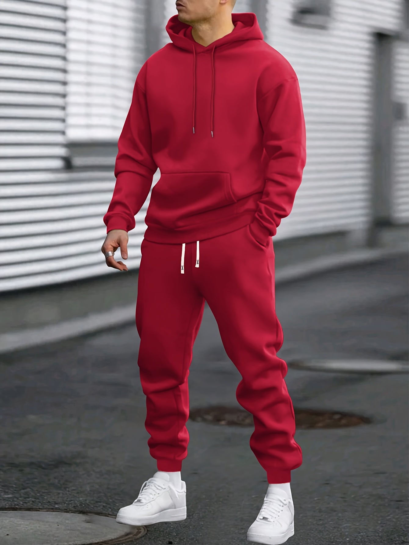 1set Men'S Casual Sports Suit, Polyester Hooded Sweatshirt and Jogger Pants Set, Solid Color, Elastic Waist, Cuffed Ankles, Knit Pullover with Pockets, Regular Fit for Outdoor Running and Jogging - Spring/Autumn Collection