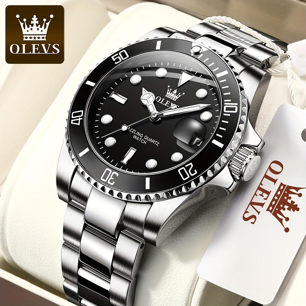 OLEVS Men'S Luxury Quartz Watch - Green Dial, Stainless Steel Band, Luminous Pointer Display, Quartz Movement, Electronic Drive, Zinc Alloy Case, Ideal for Business Casual Wea