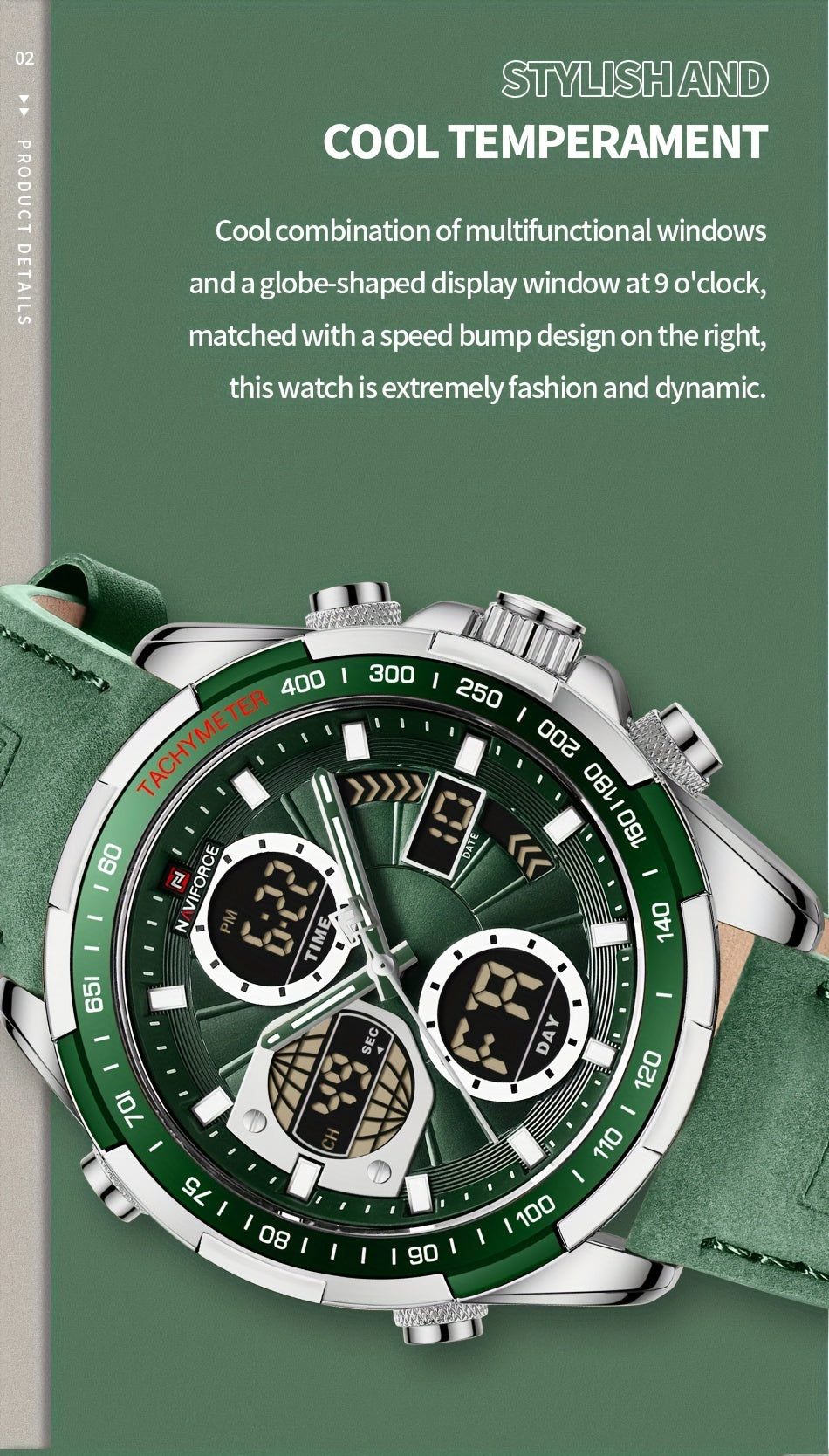 NAVIFORCE Men's Luxury Sports Quartz Watch - Waterproof, Genuine Leather Strap, Dual Display with Date & Chronograph Functions, Case, Green Accents, Luxury Timepiece|Tachymeter Equipped|Genuine Leather Band Valentine's Day